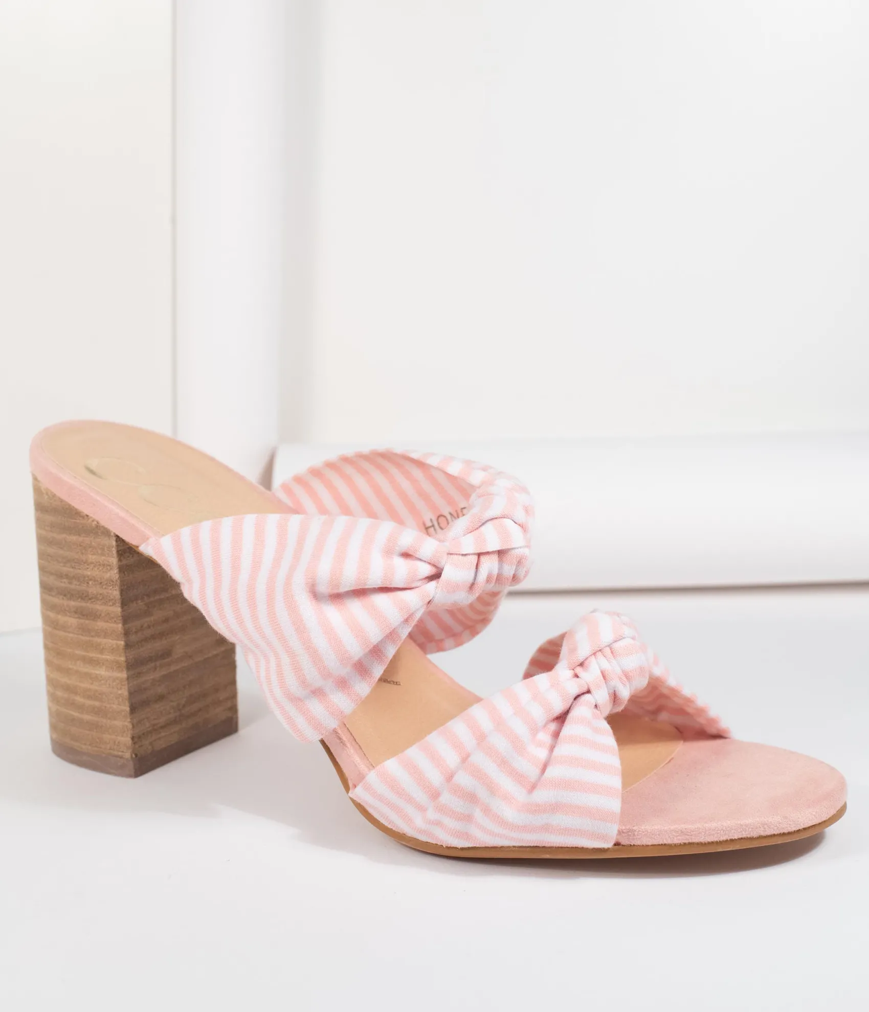 Unique Vintage Pink & White Stripe Block Heel Sandal Clearance