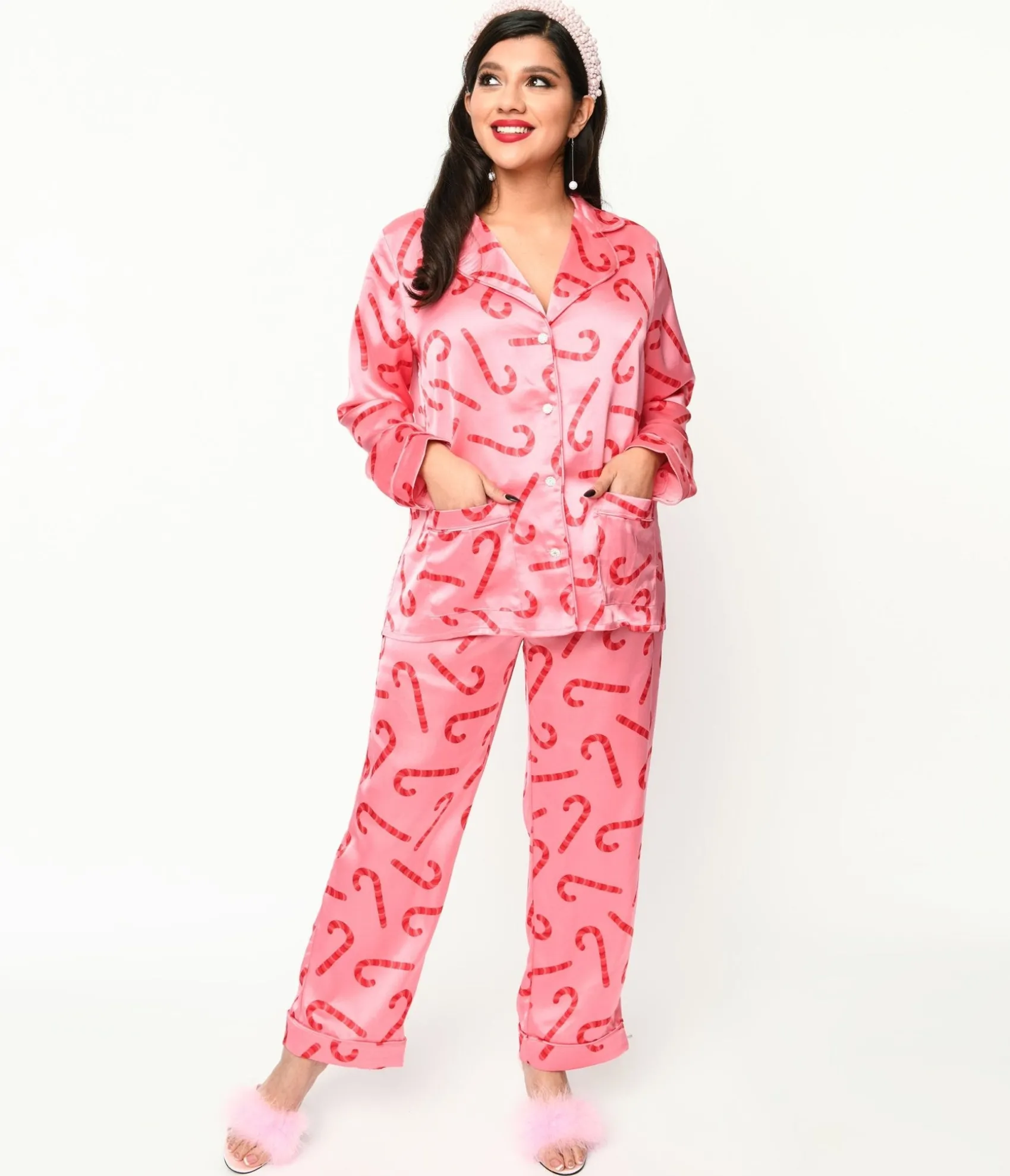 Unique Vintage Pink Candy Cane Satin Pajama Set New