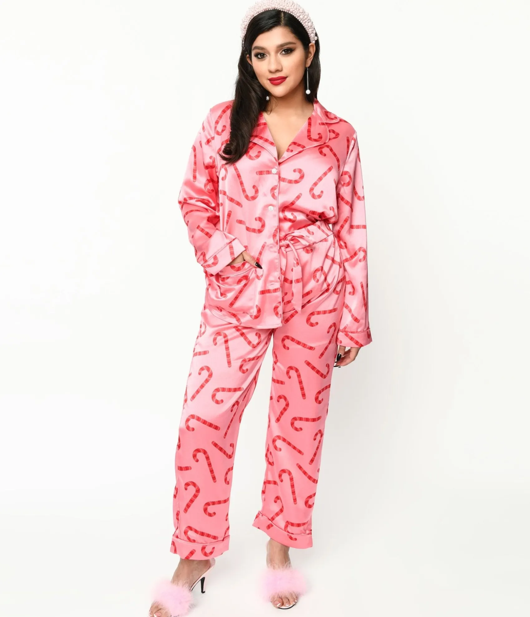 Unique Vintage Pink Candy Cane Satin Pajama Set New