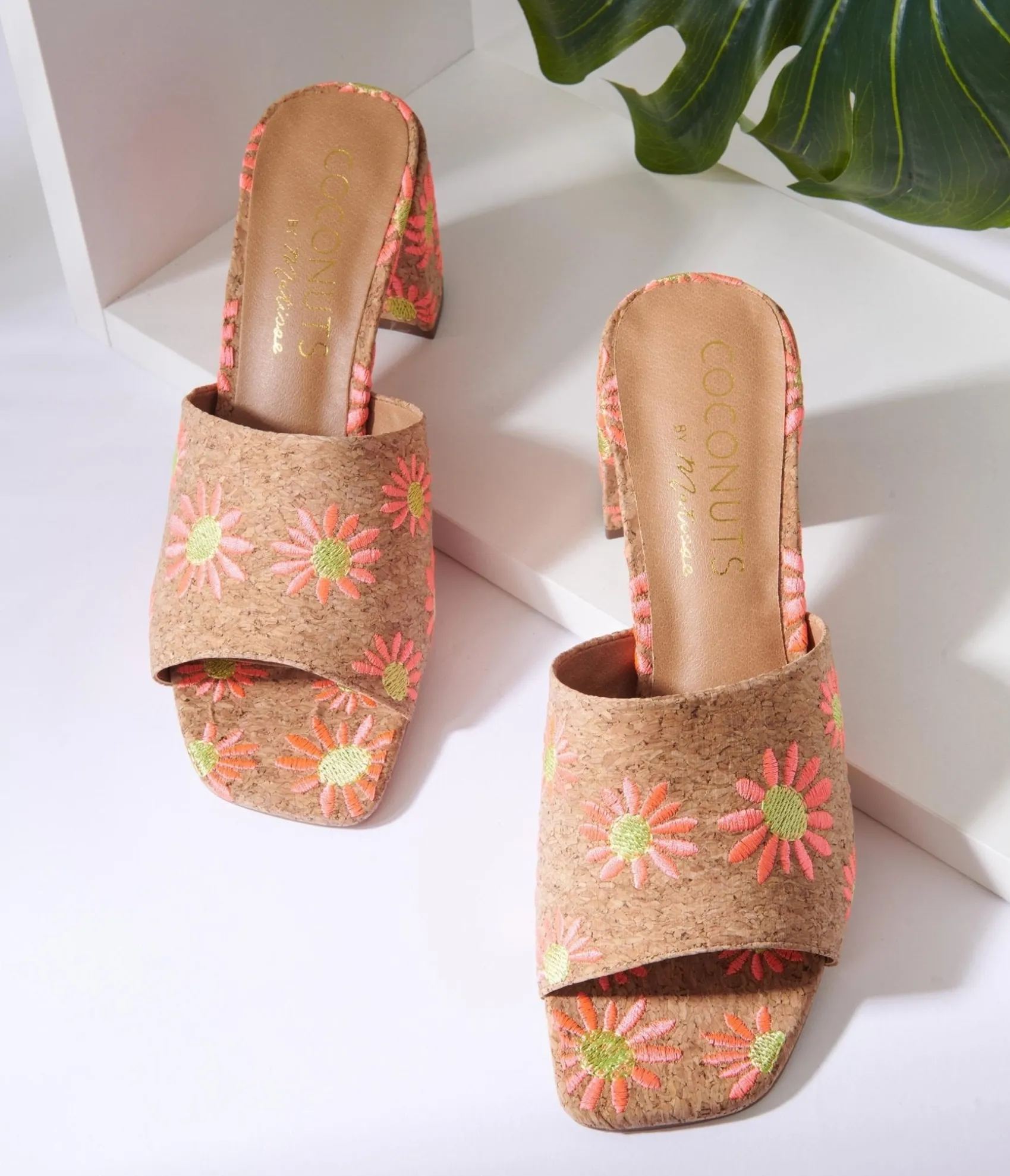 Unique Vintage Pink Daisy Cork Mule Heels Best Sale