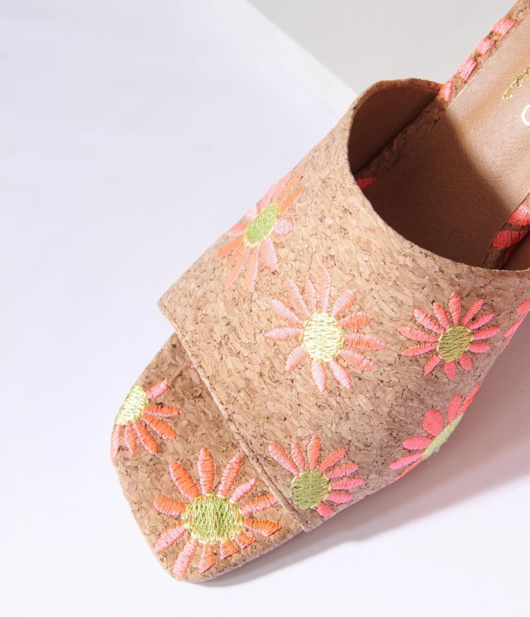 Unique Vintage Pink Daisy Cork Mule Heels Best Sale