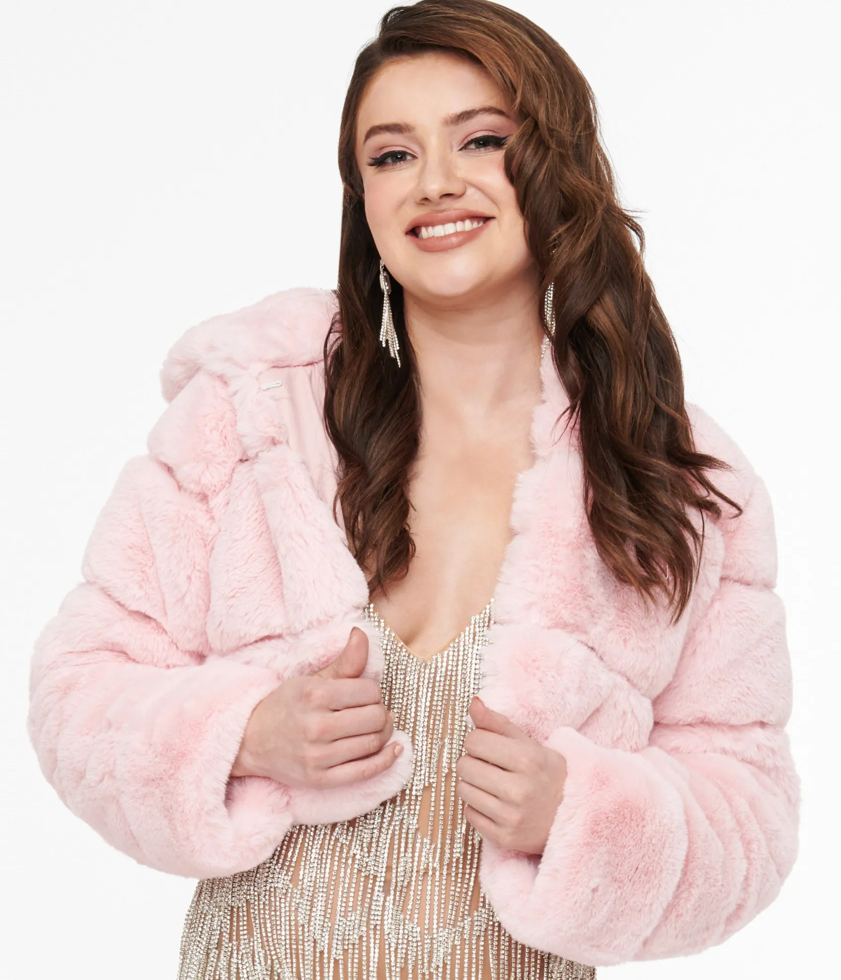 Unique Vintage Pink Faux Fur Puffer Crop Jacket Discount