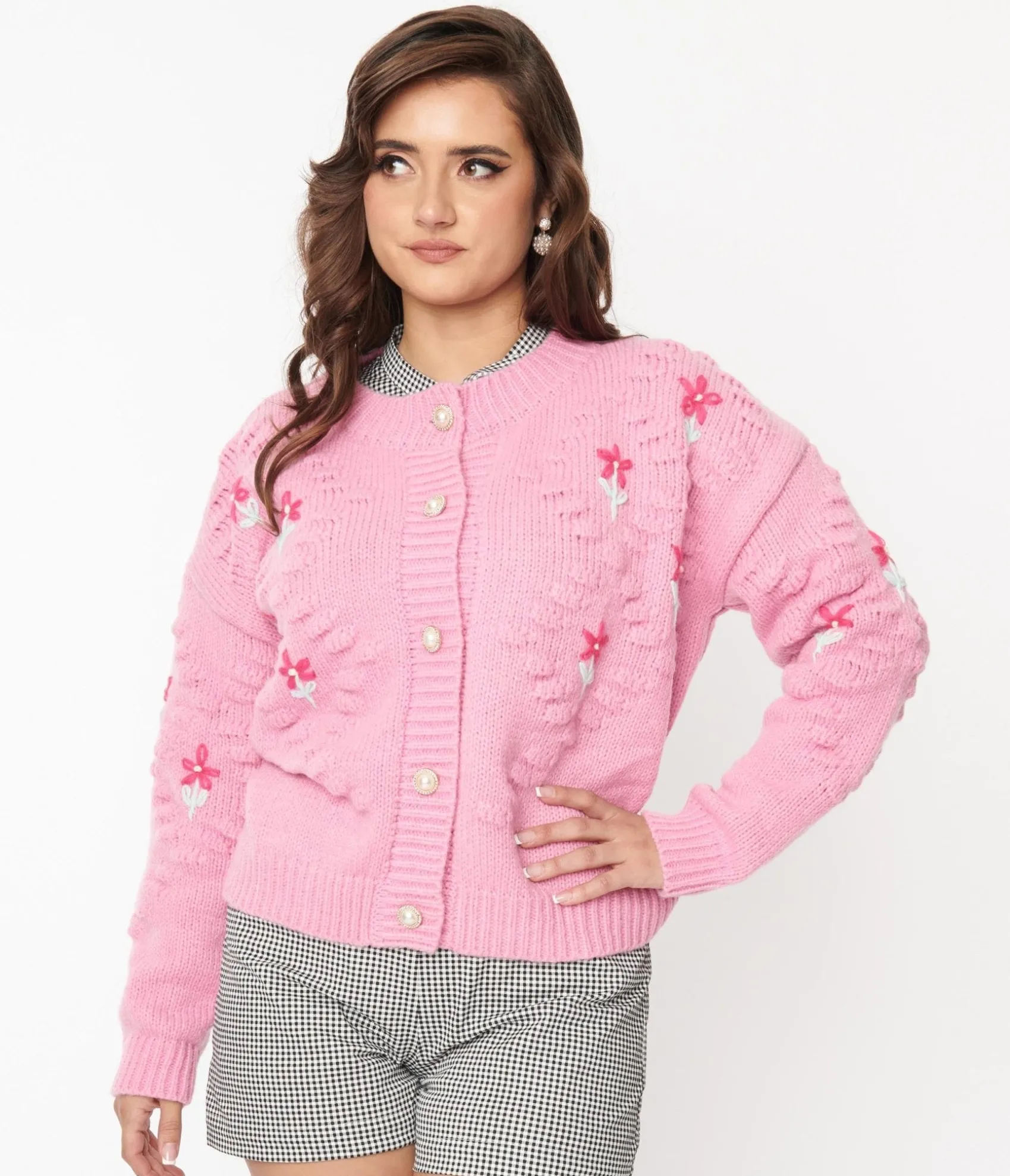 Unique Vintage Pink Floral Cable Knit Cardigan Hot