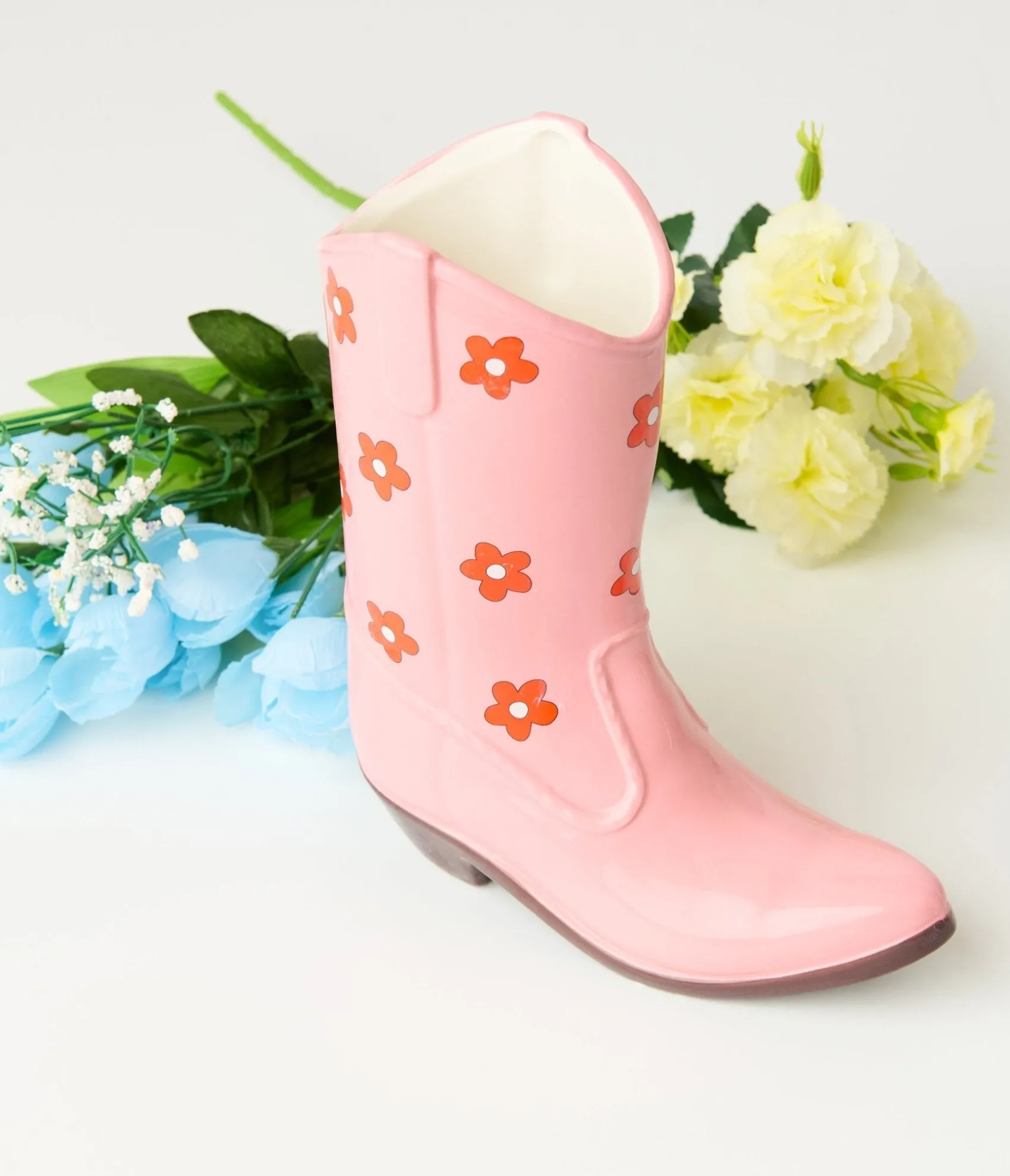 Unique Vintage Pink Floral Ceramic Cowboy Boot Vase Hot