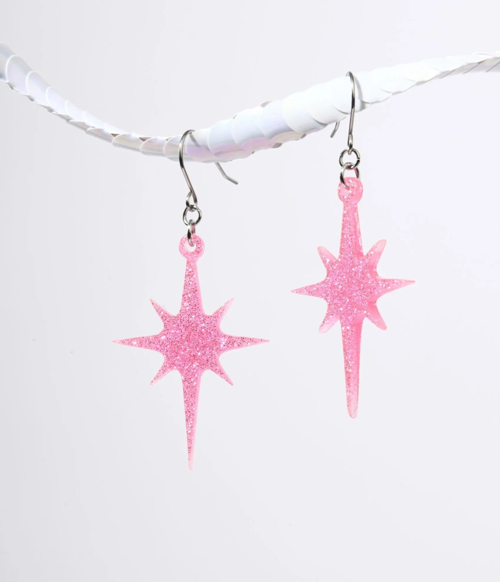 Unique Vintage Pink Glitter Atomic Star Dangle Earrings Outlet