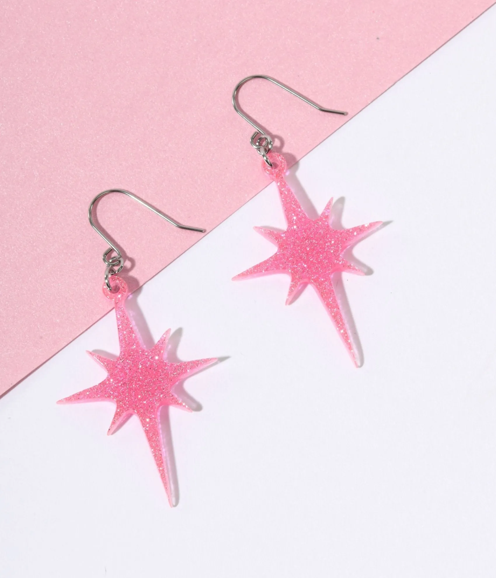 Unique Vintage Pink Glitter Atomic Star Dangle Earrings Outlet