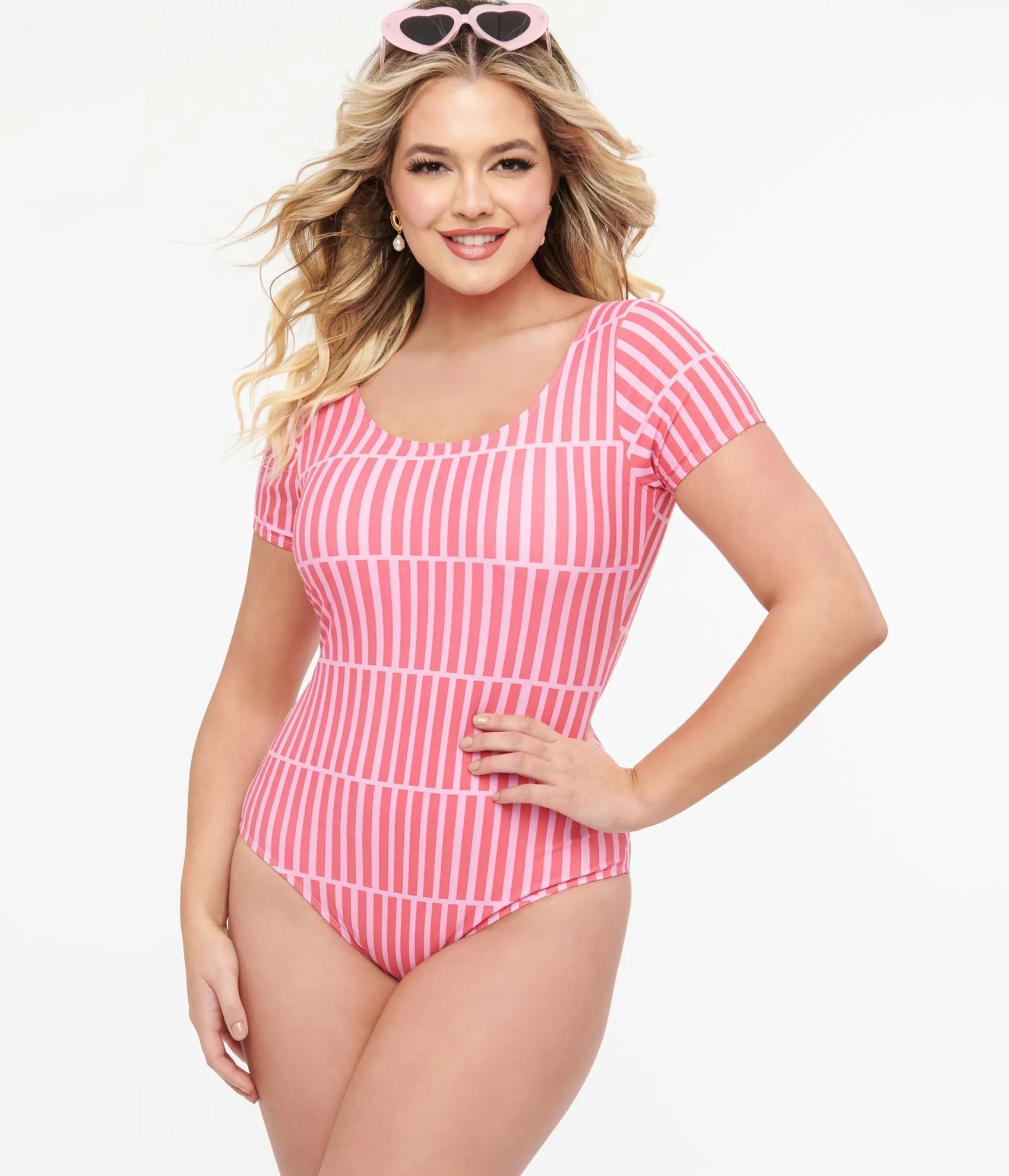 Unique Vintage Pink Stripe Sleeved One Piece Swimsuit Flash Sale