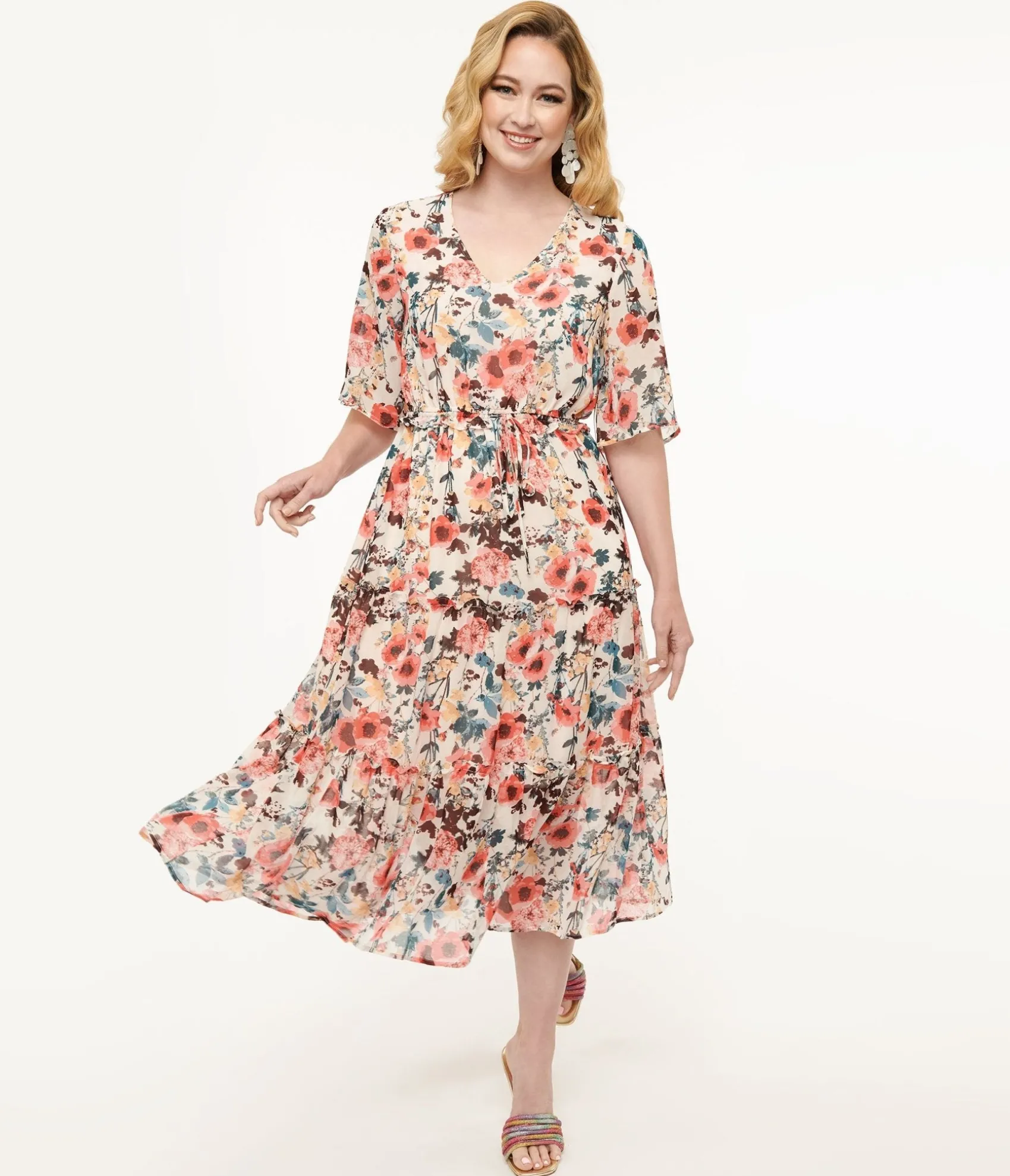 Unique Vintage Pink Tropical Flower Chiffon Midi Dress Clearance