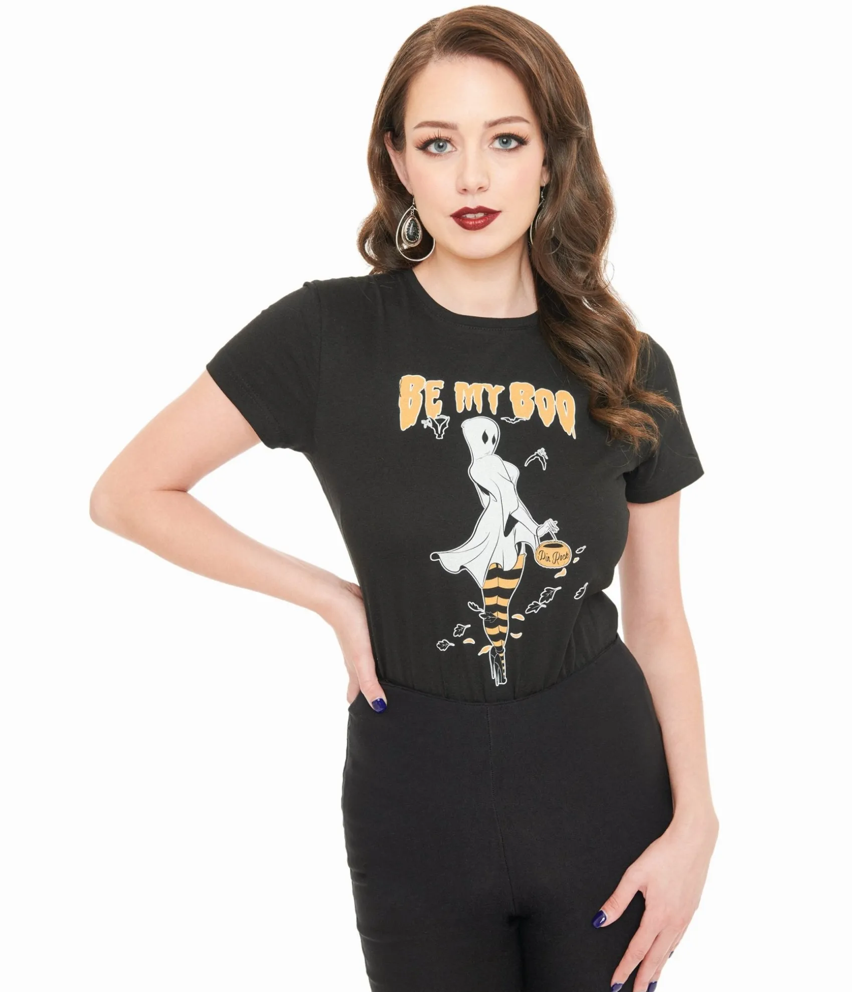 Unique Vintage PinRock Shop 1950s Black & Orange Be My Boo Graphic Tee Cheap