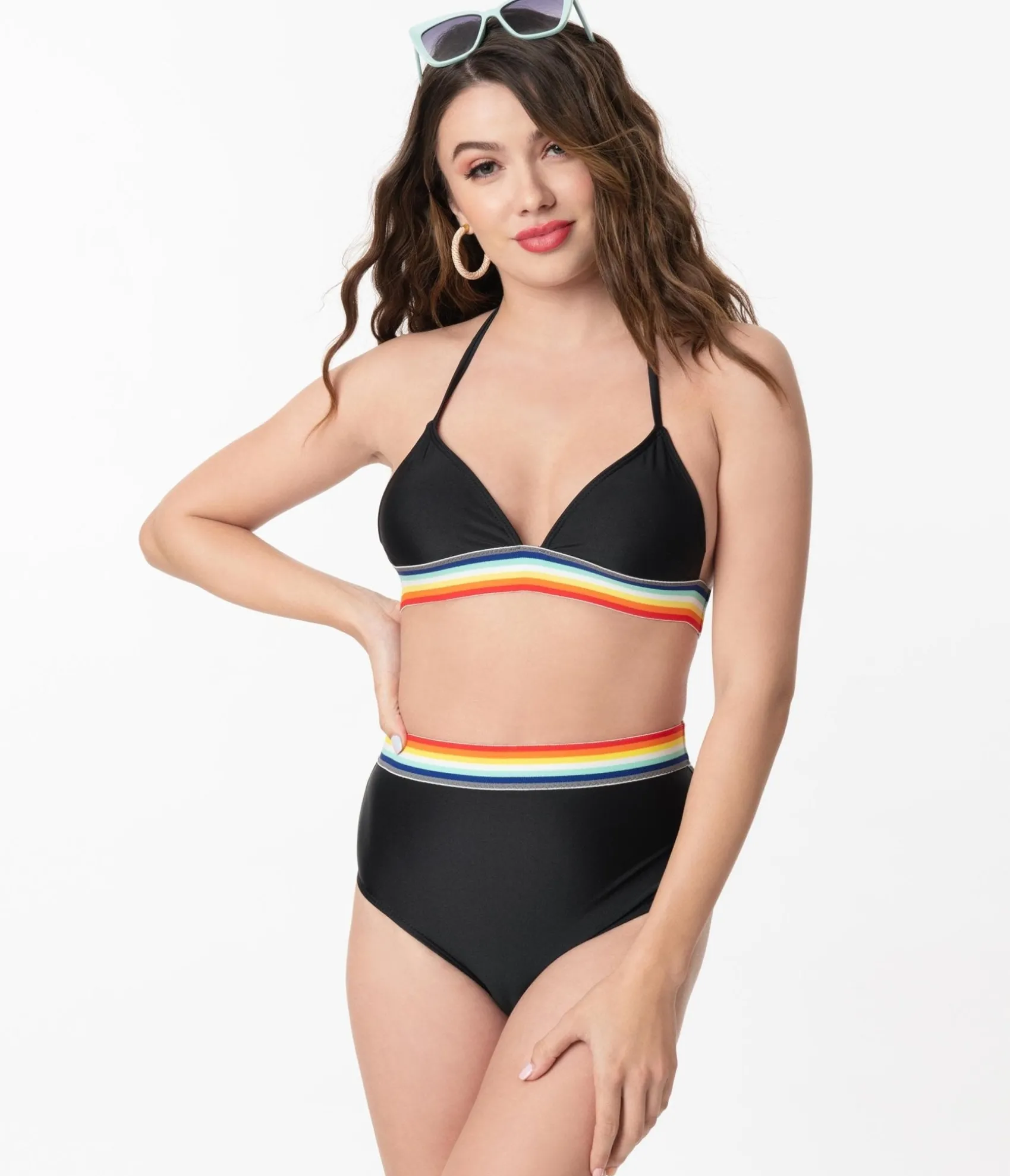 Unique Vintage Pin-Up Black & Rainbow Two Piece Bikini Swimsuit Outlet