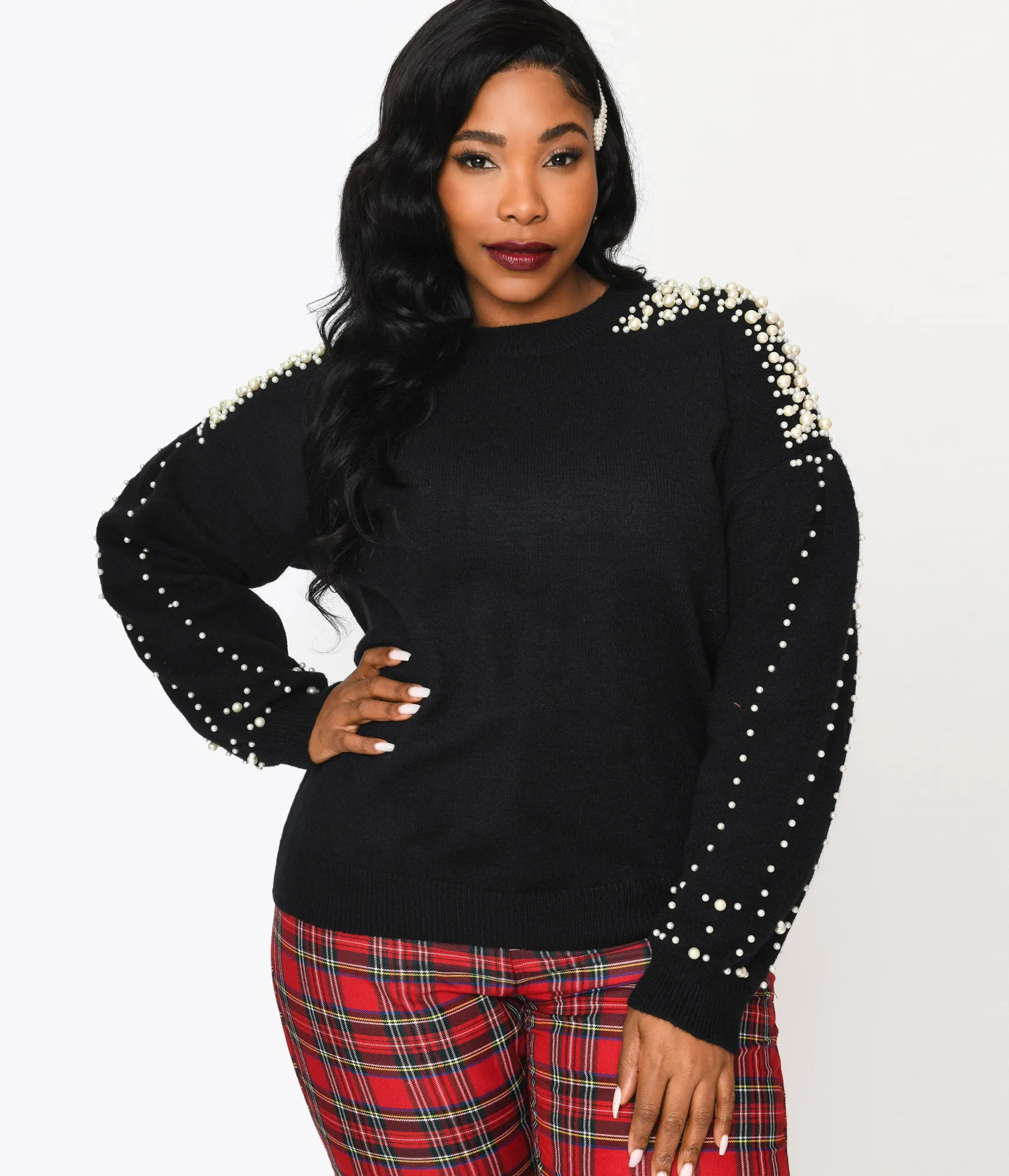 Unique Vintage Plus Size Black & Faux Pearl Studded Knit Sweater Best Sale