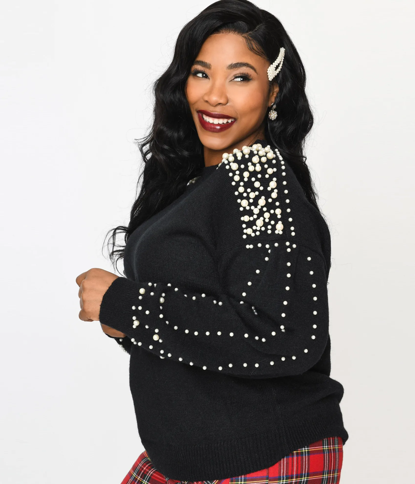 Unique Vintage Plus Size Black & Faux Pearl Studded Knit Sweater Best Sale