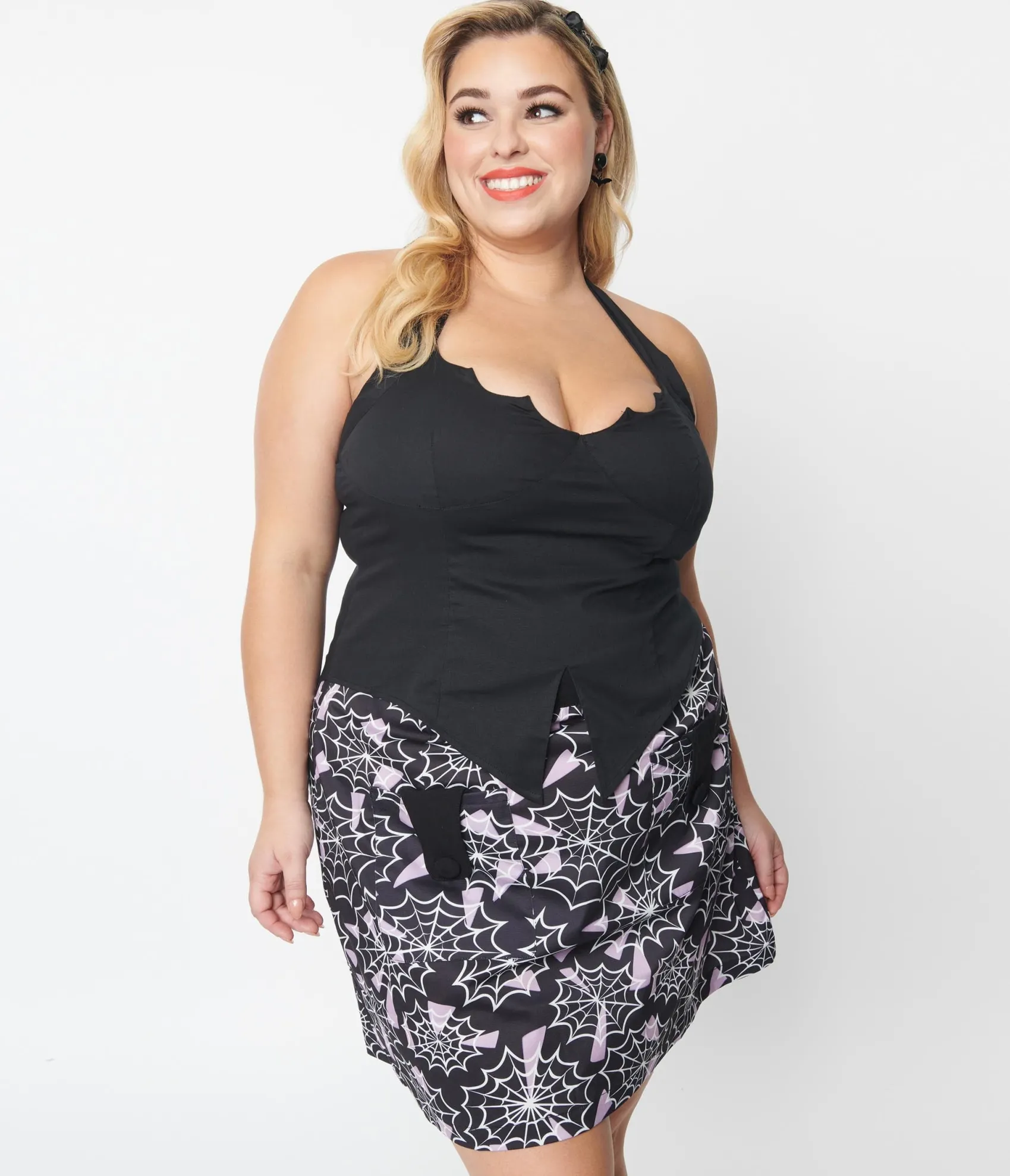 Unique Vintage Plus Size Black Bat Halter Crop Top Outlet
