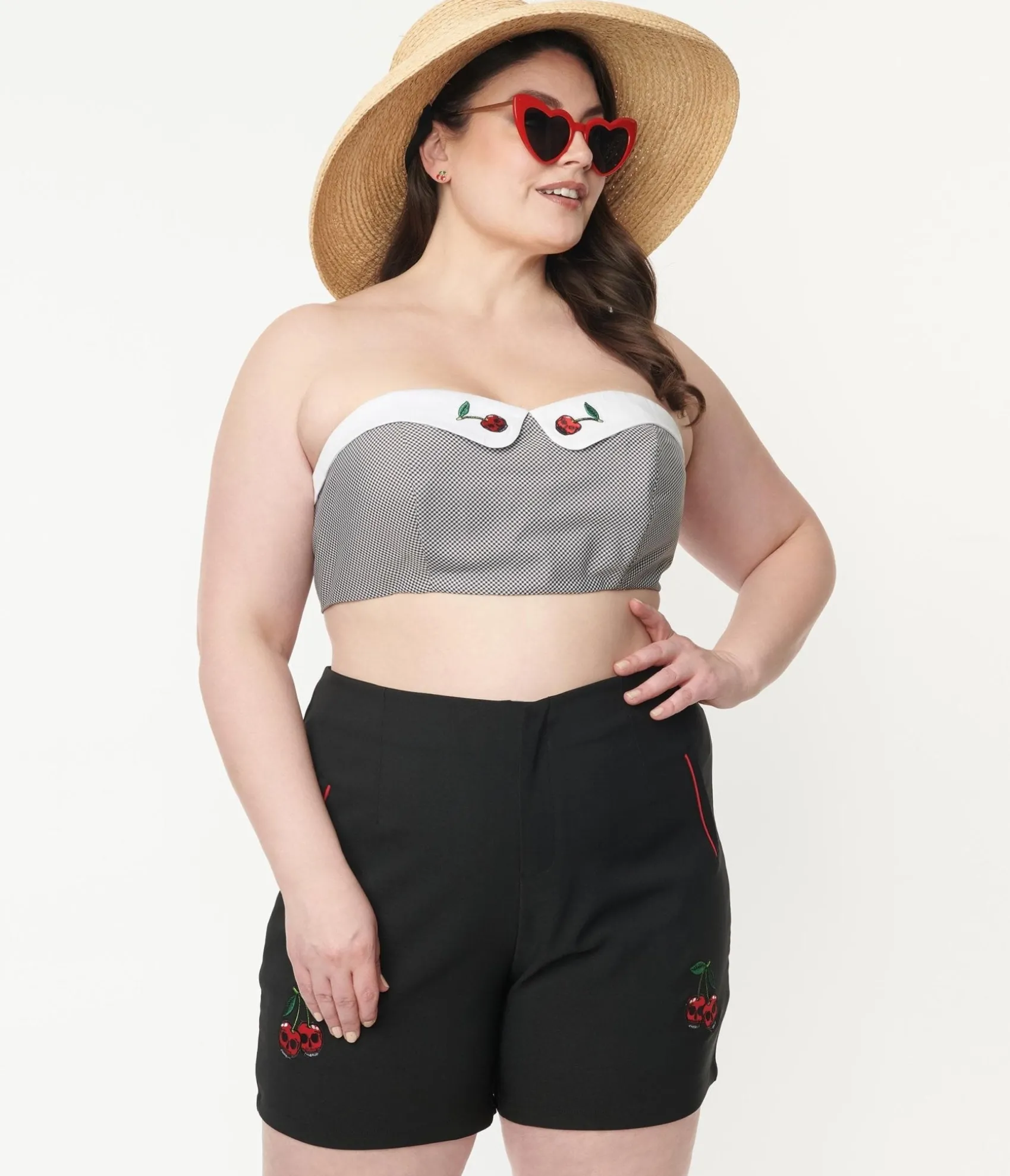 Unique Vintage Plus Size Black Gingham & Cherry Skull Bandeau Crop Top Outlet