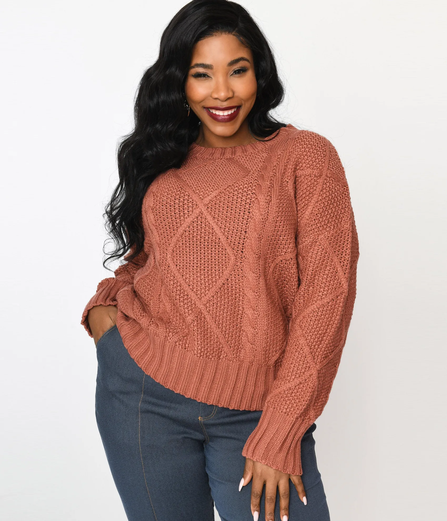 Unique Vintage Plus Size Brick Red Cable Knit Oversize Sweater Fashion