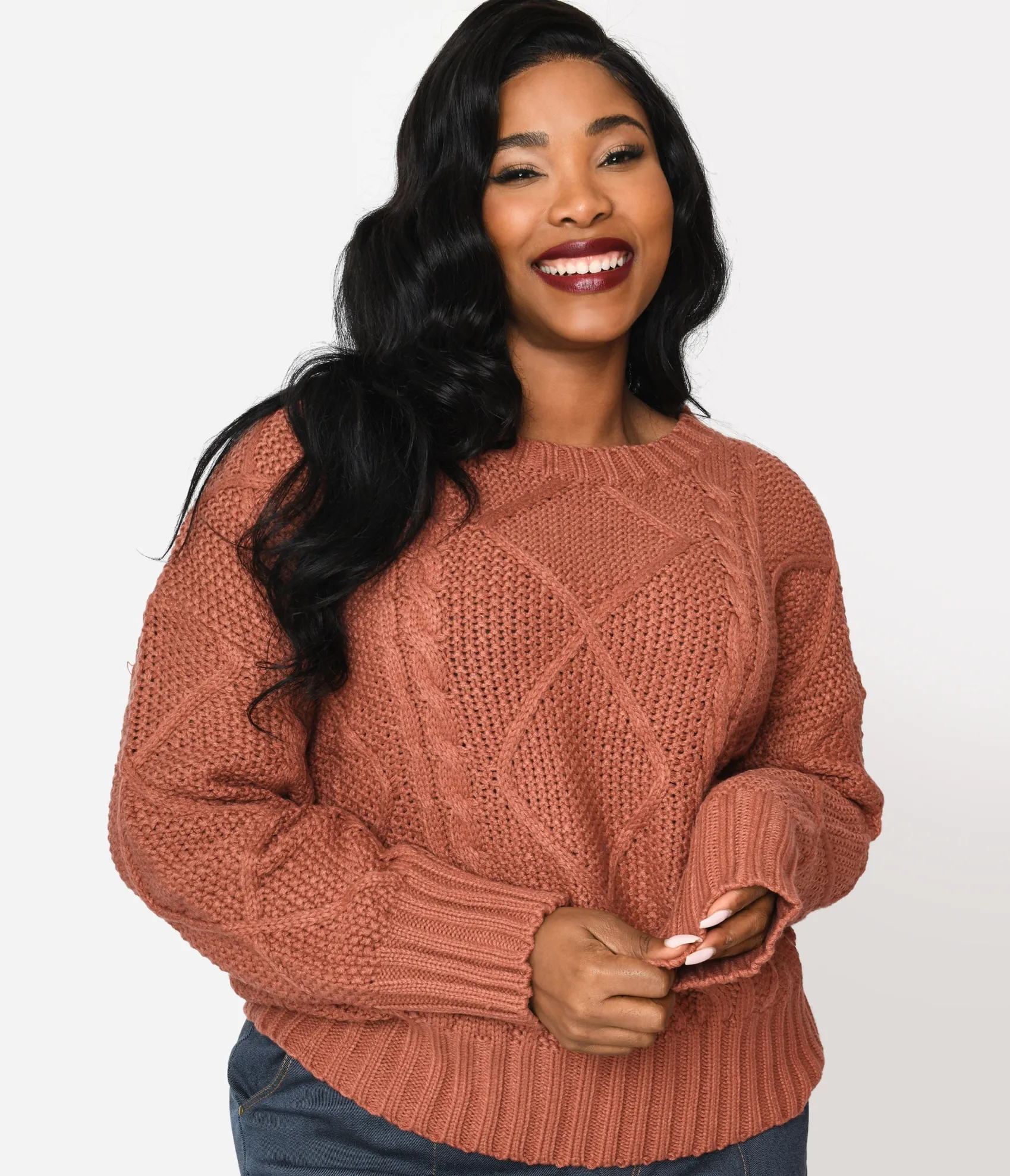 Unique Vintage Plus Size Brick Red Cable Knit Oversize Sweater Fashion