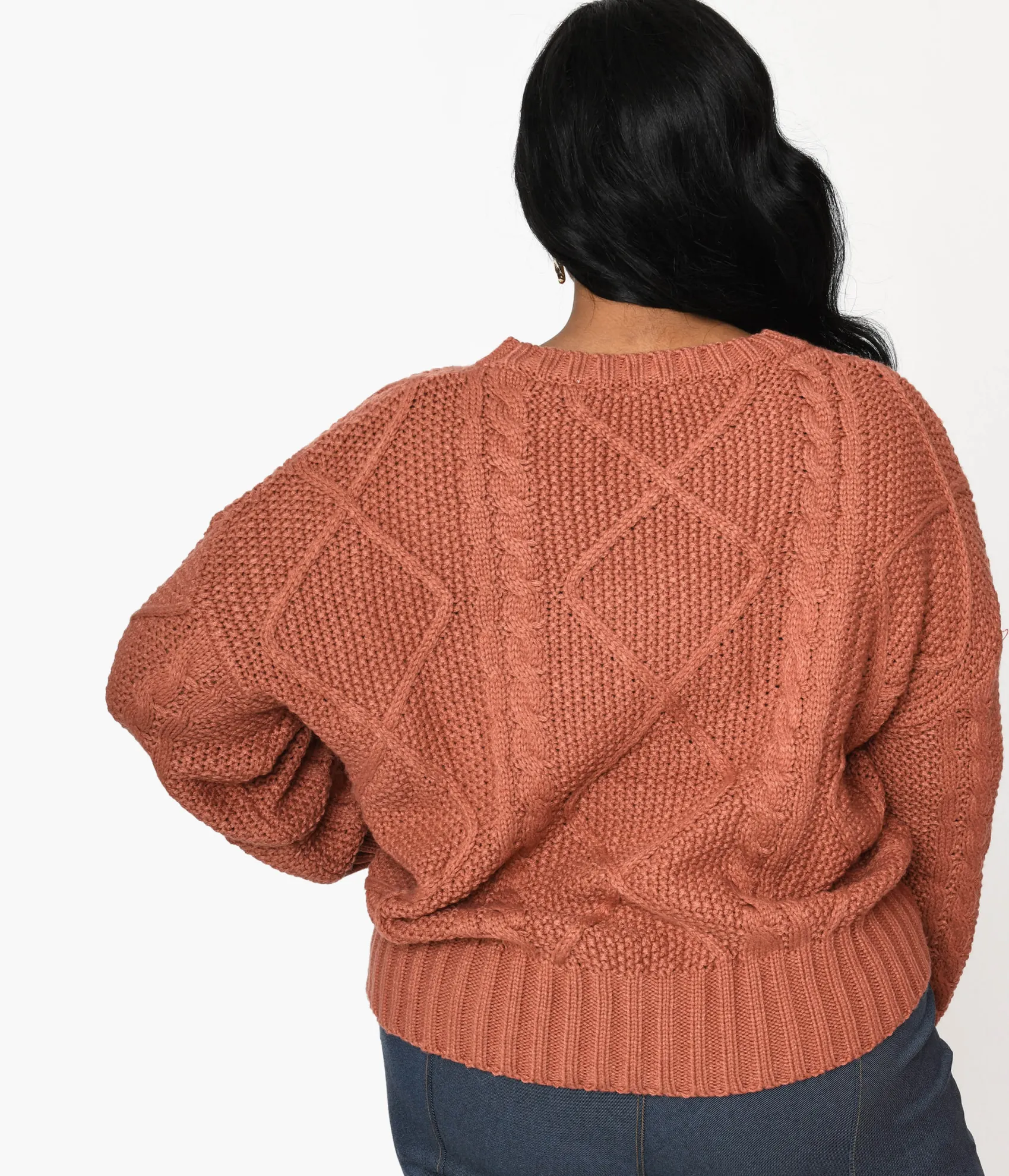 Unique Vintage Plus Size Brick Red Cable Knit Oversize Sweater Fashion