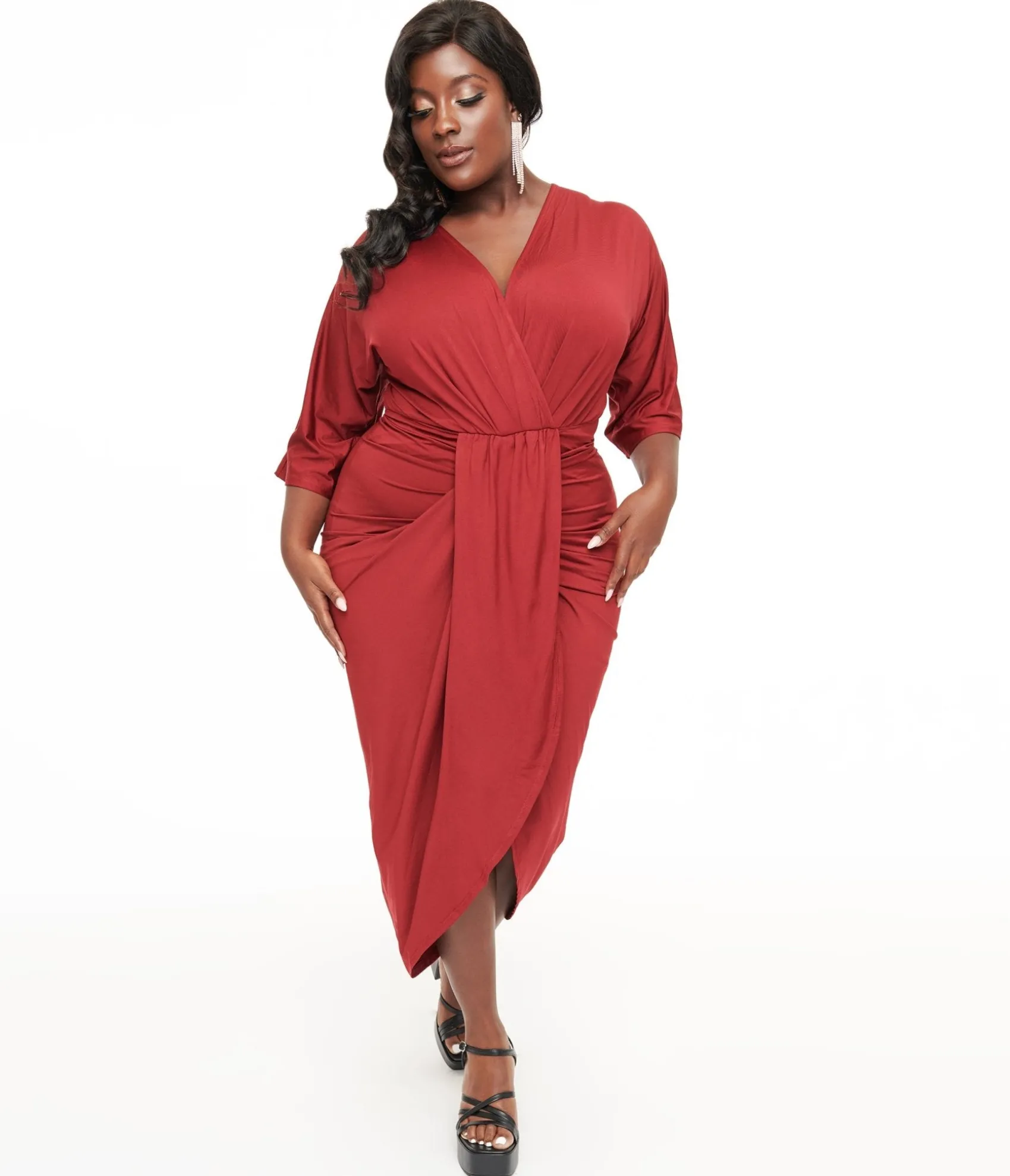 Unique Vintage Plus Size Burgundy Ruched Wiggle Dress Best Sale