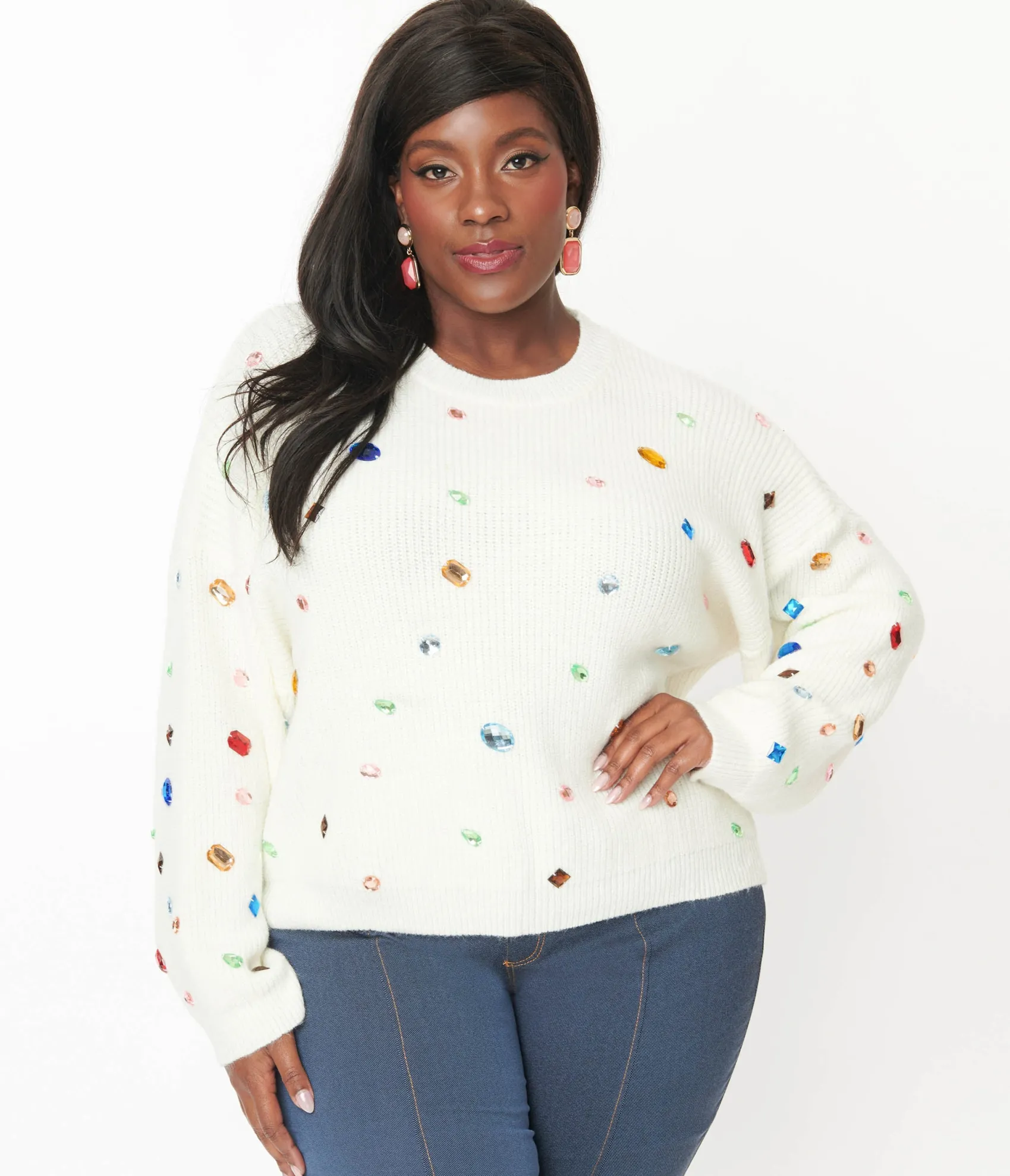 Unique Vintage Plus Size Cream Bejeweled Pullover Sweater Store