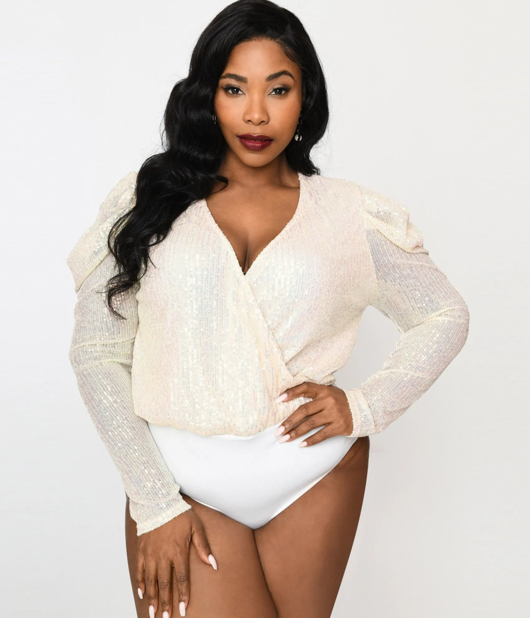 Unique Vintage Plus Size Cream Sequin Long Sleeve Bodysuit Online