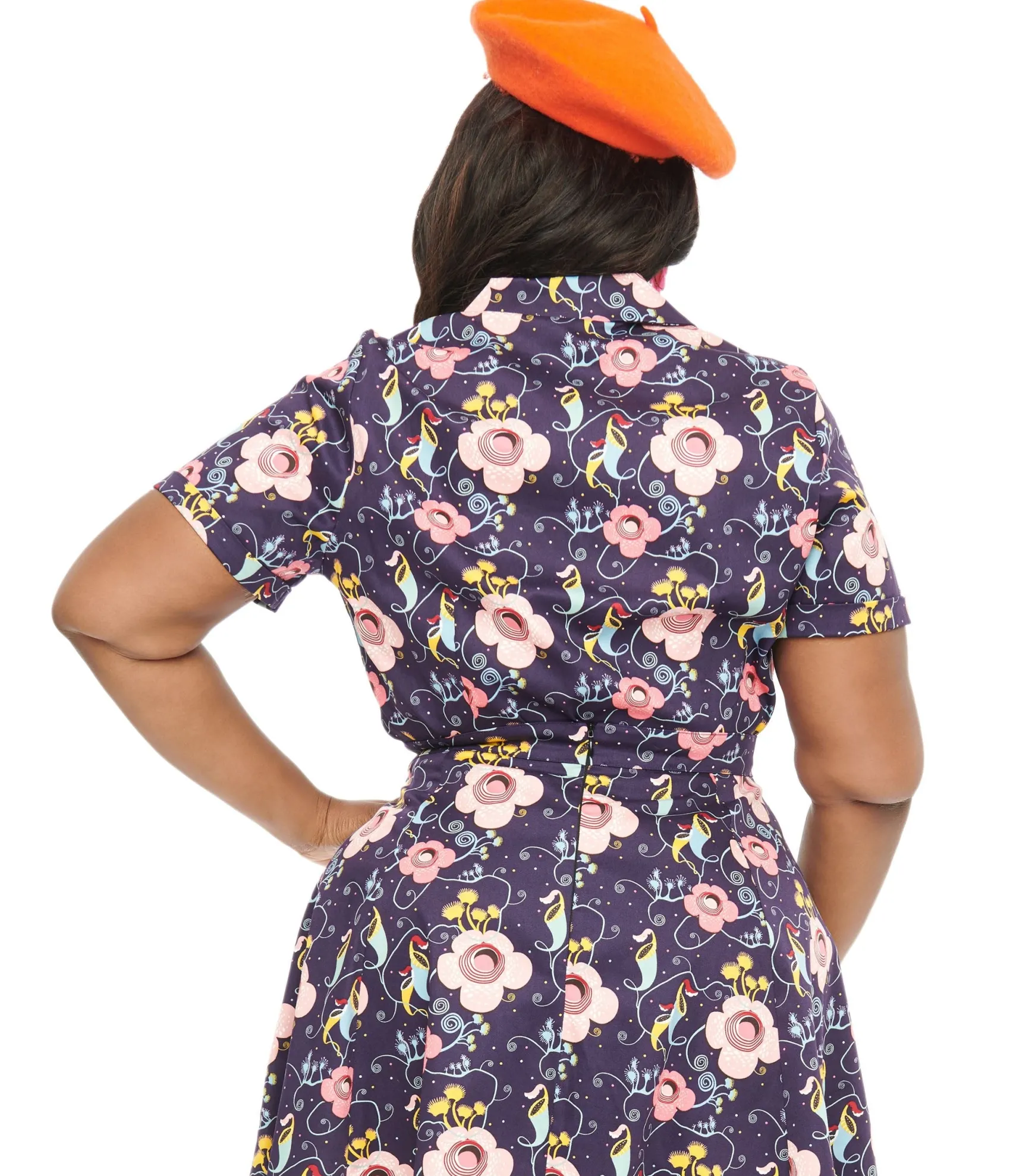 Unique Vintage Plus Size Dark Blue Carnivorous Plants Print Collared Top Online