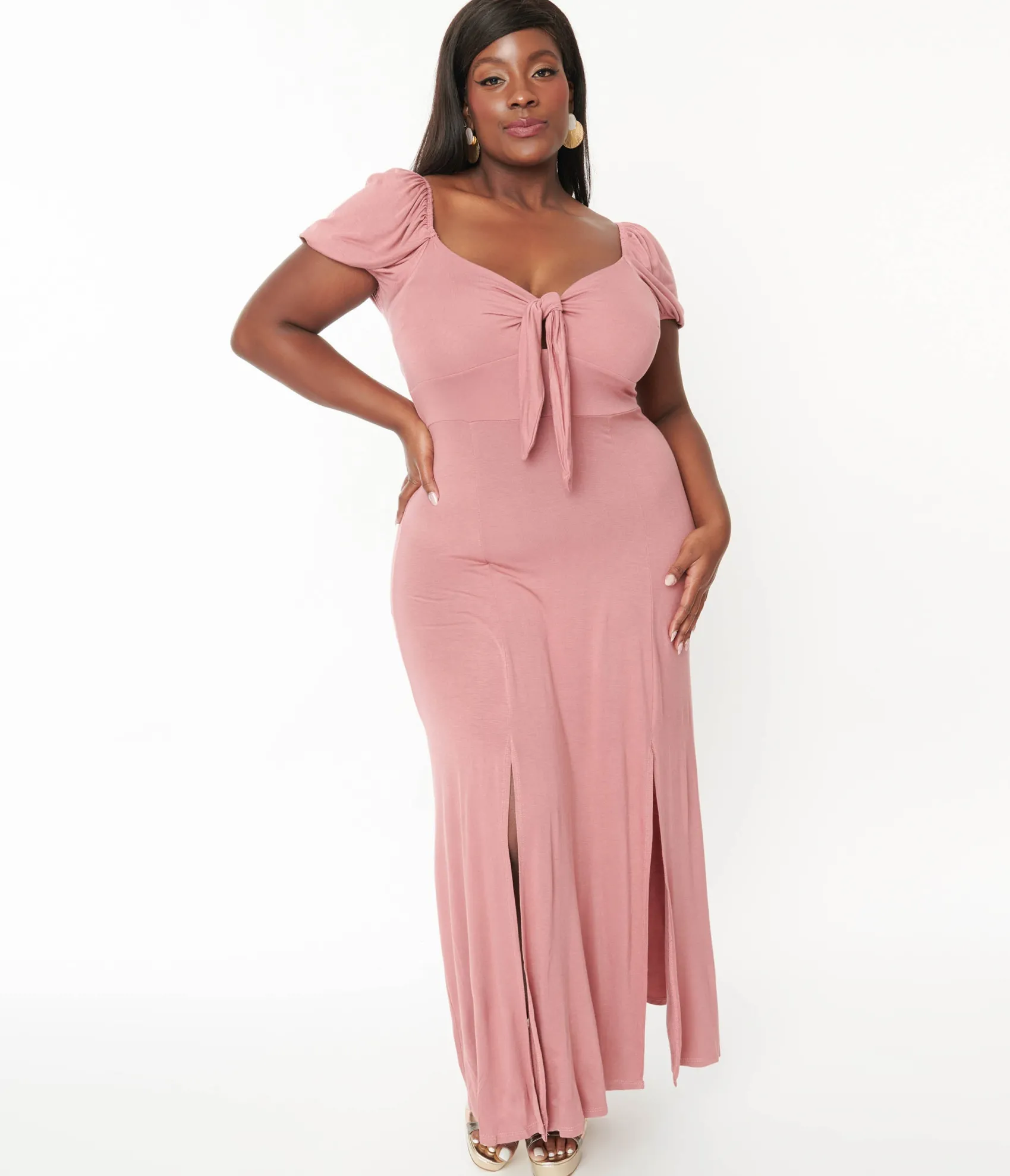 Unique Vintage Plus Size Dusty Pink Off She Shoulder Maxi Dress Clearance
