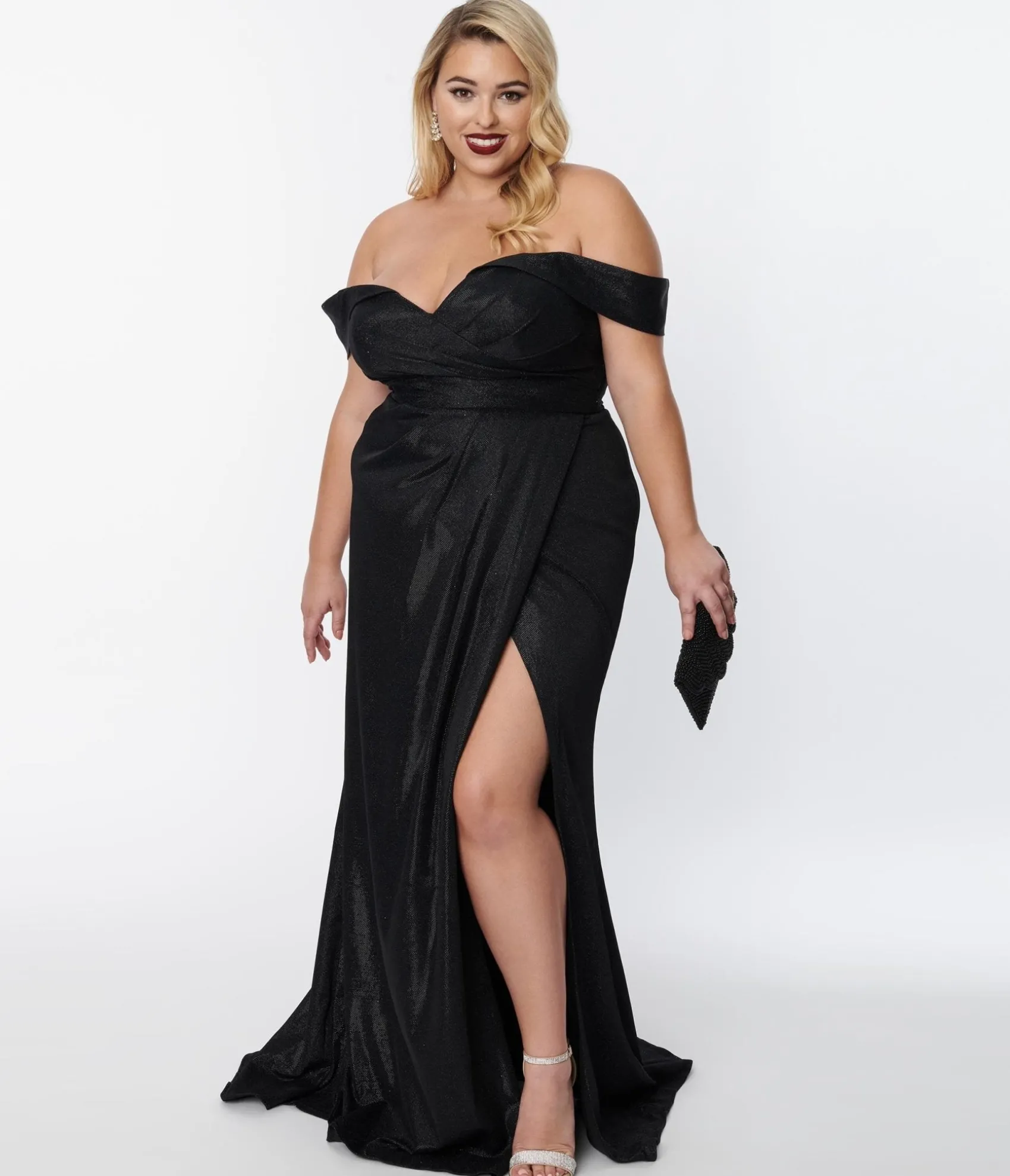 Unique Vintage Plus Size Elegant Black Shimmer Off The Shoulder Dress Store