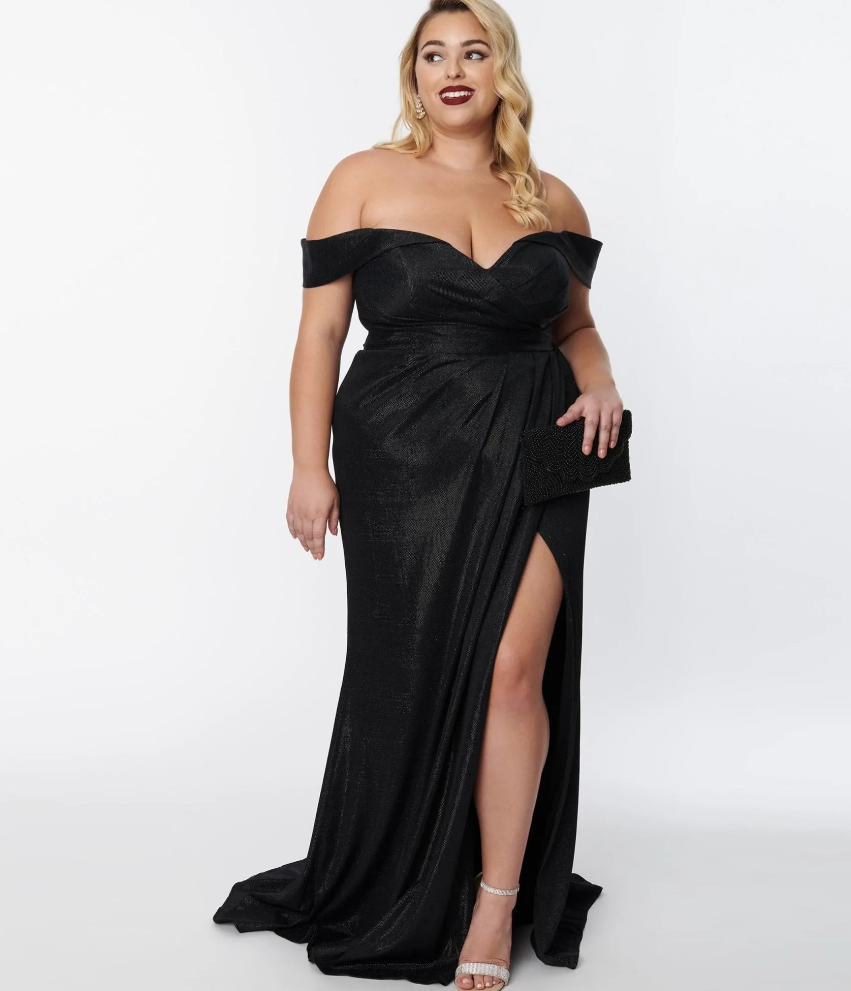 Unique Vintage Plus Size Elegant Black Shimmer Off The Shoulder Dress Store