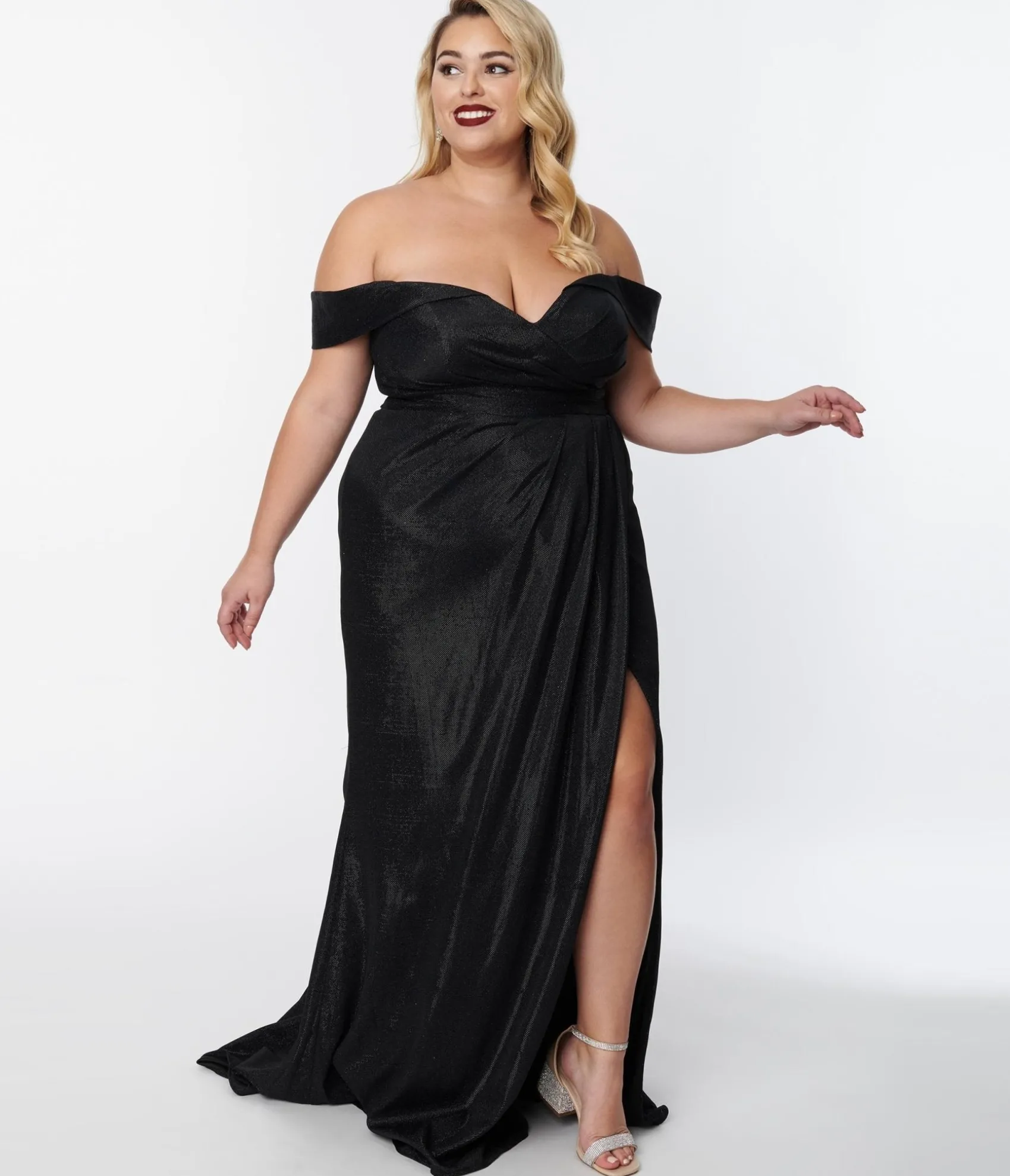 Unique Vintage Plus Size Elegant Black Shimmer Off The Shoulder Dress Store