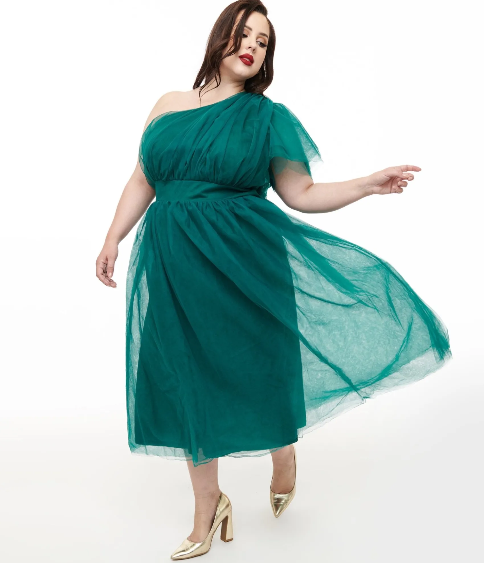 Unique Vintage Plus Size Emerald Tulle Lively Charm Midi Dress Flash Sale