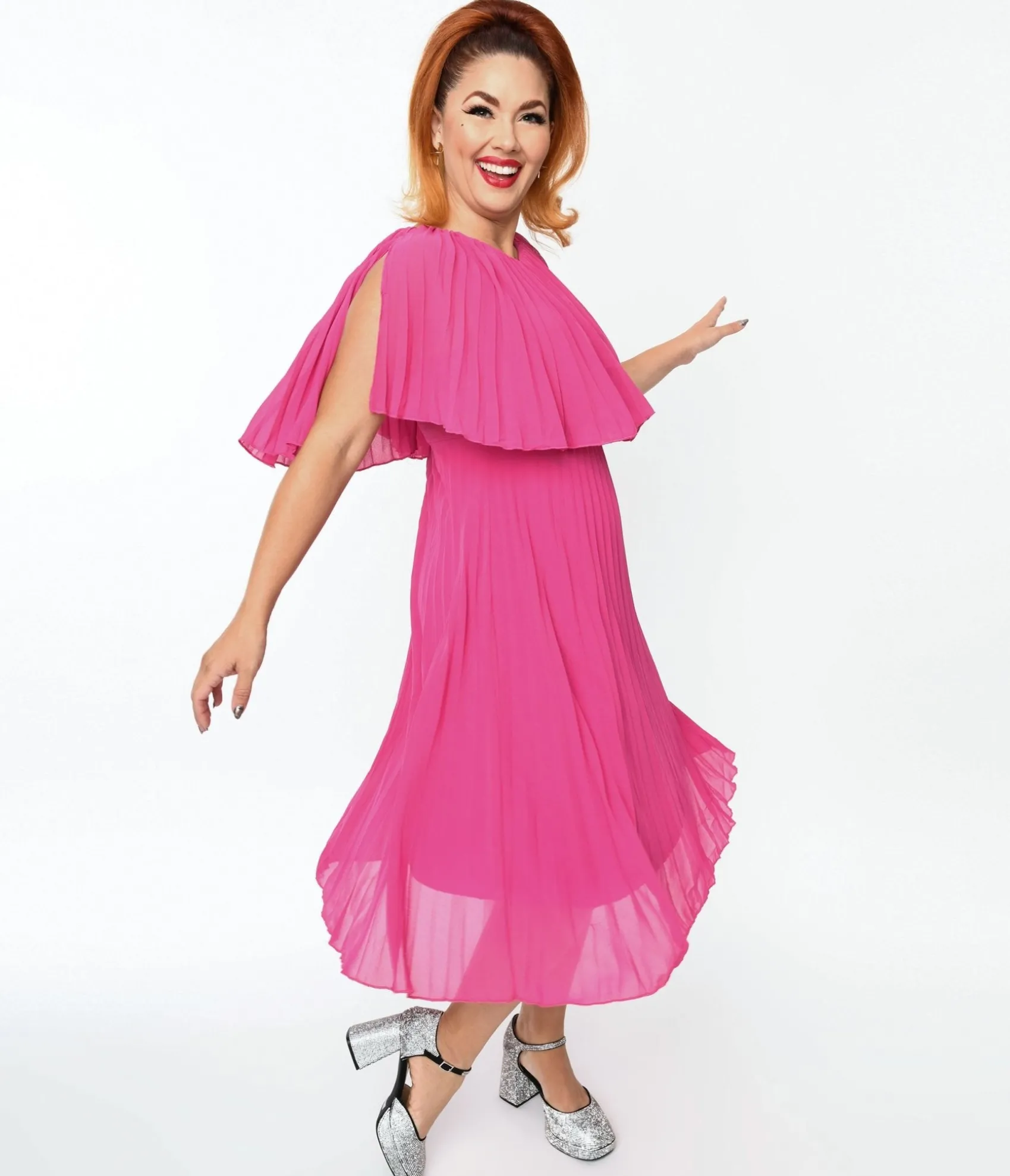 Unique Vintage Plus Size Fuchsia Pleated Midi Dress Sale