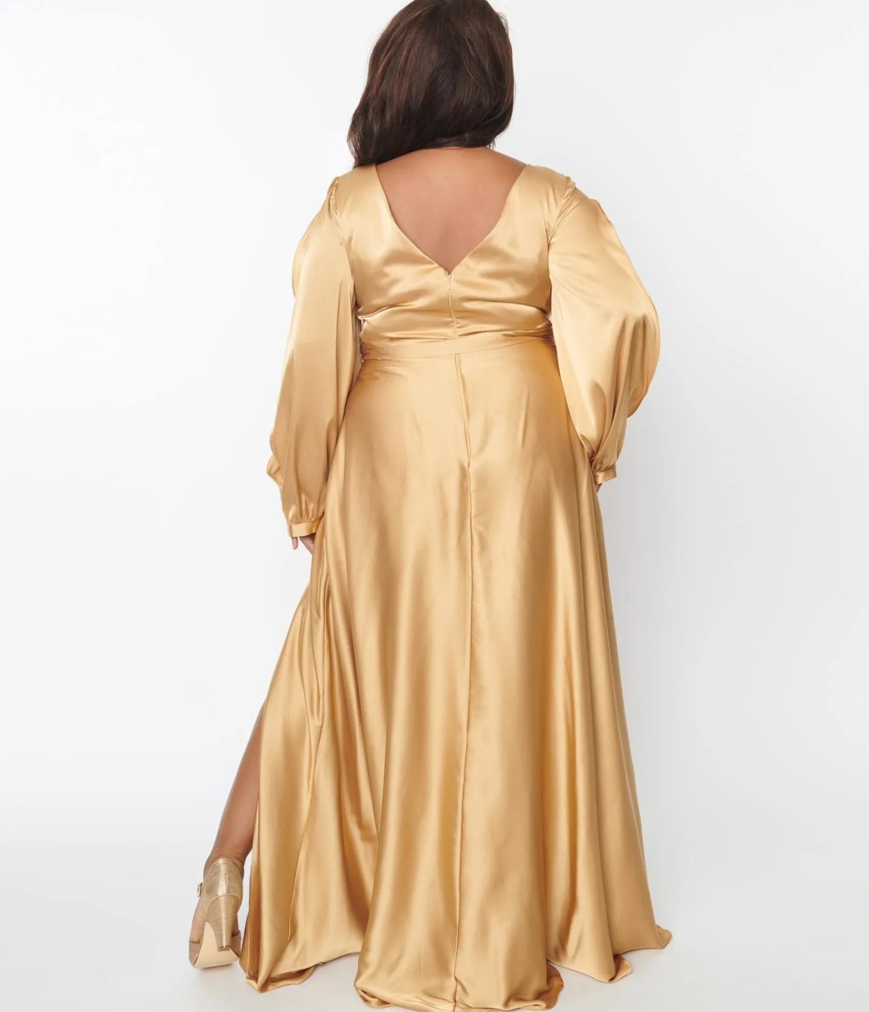 Unique Vintage Plus Size Gold Satin Long Sleeve Goddess Gown Sale