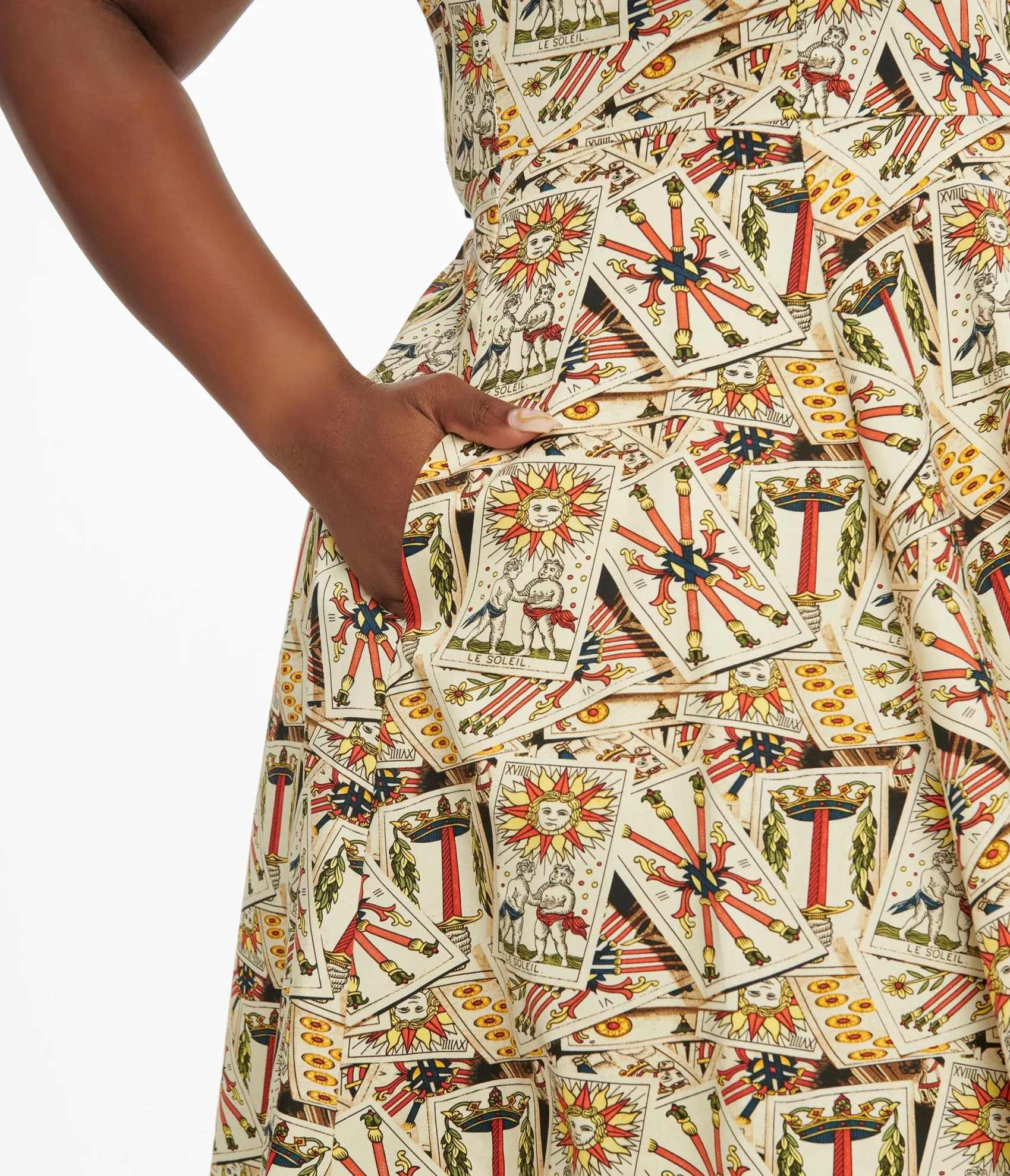 Unique Vintage Plus Size Ivory & Tarot Card Print Cotton Swing Dress Clearance