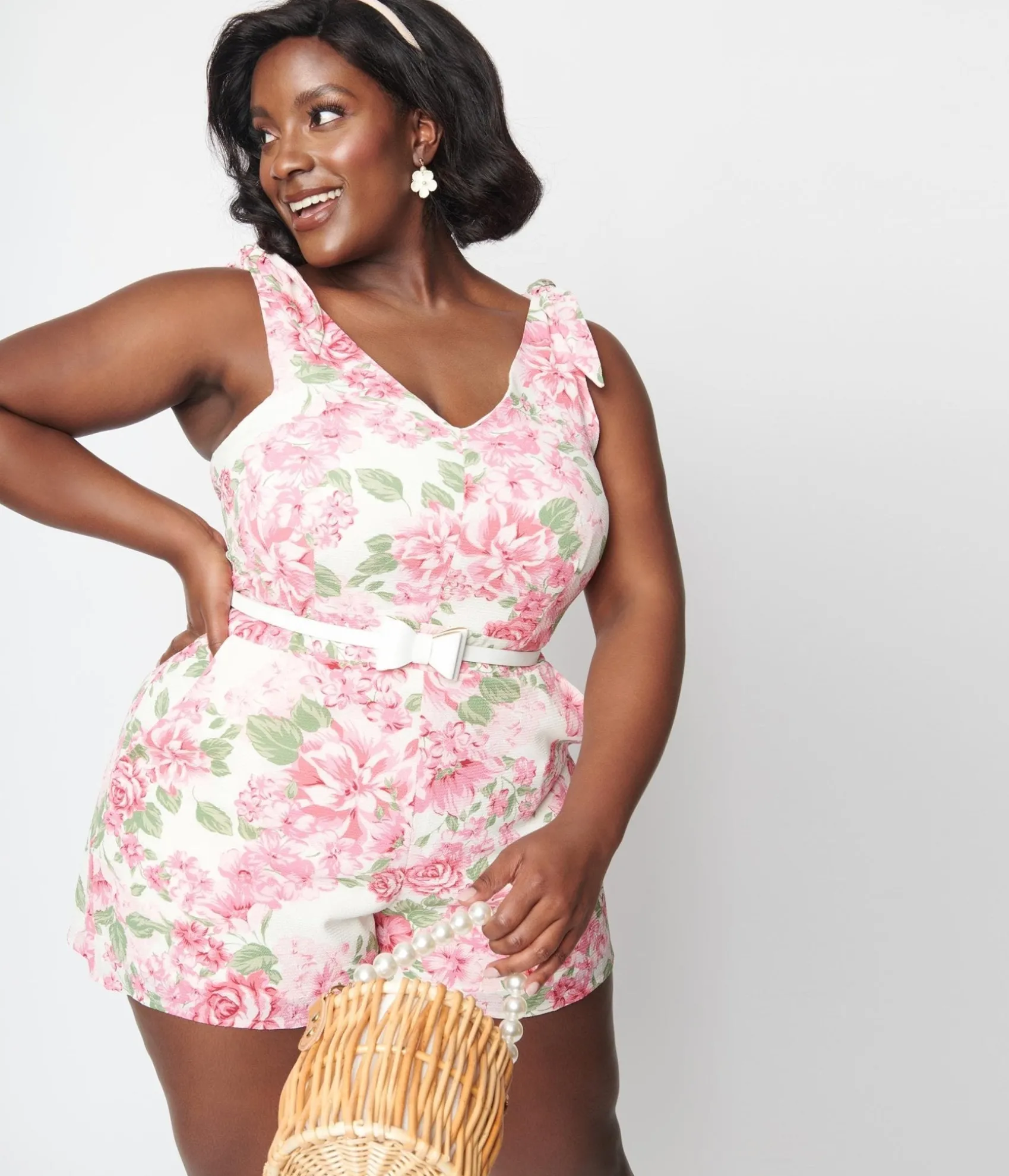 Unique Vintage Plus Size Ivory Floral Truth Be Told Romper Cheap