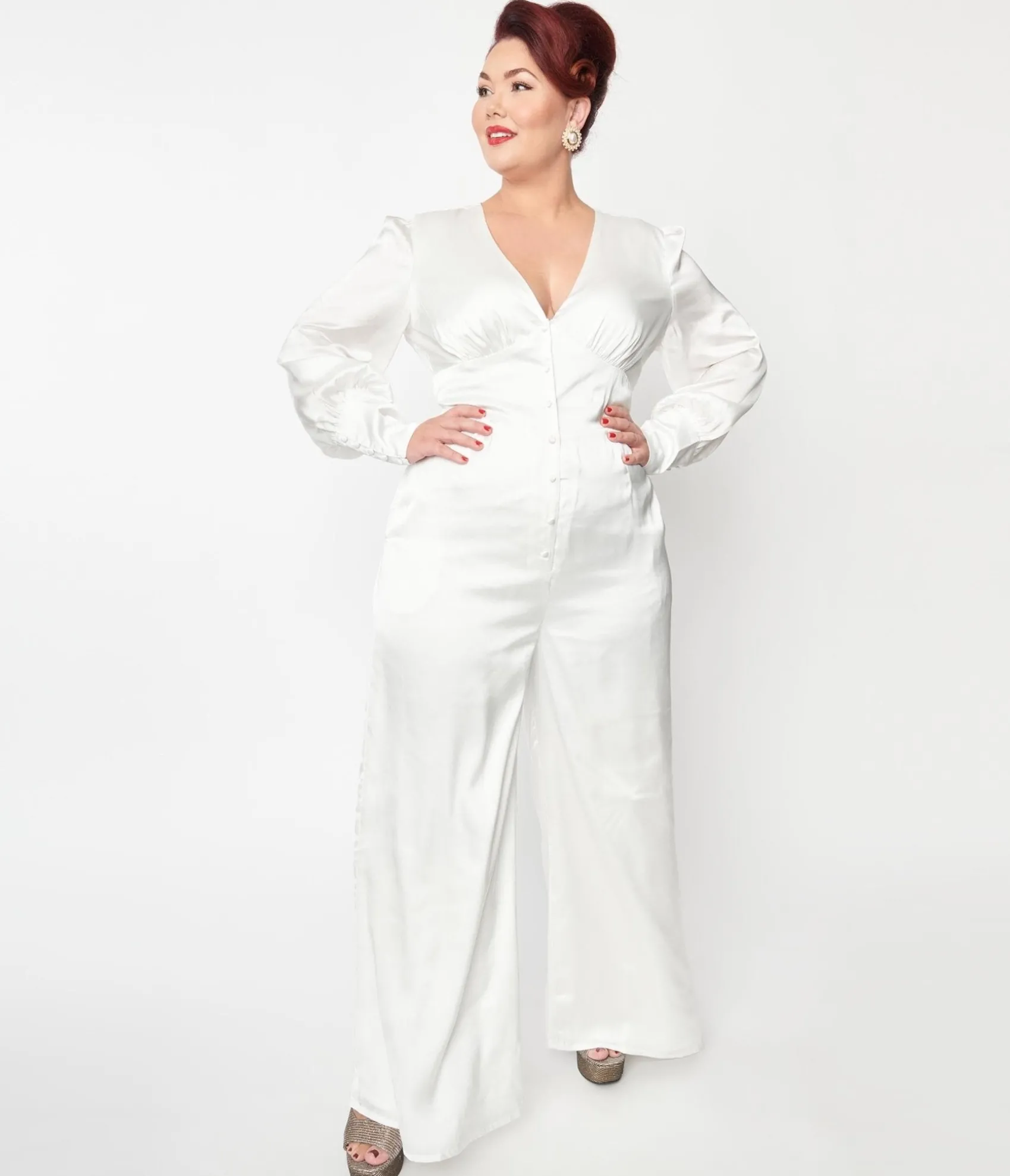 Unique Vintage Plus Size Ivory Satin Marina Jumpsuit Online