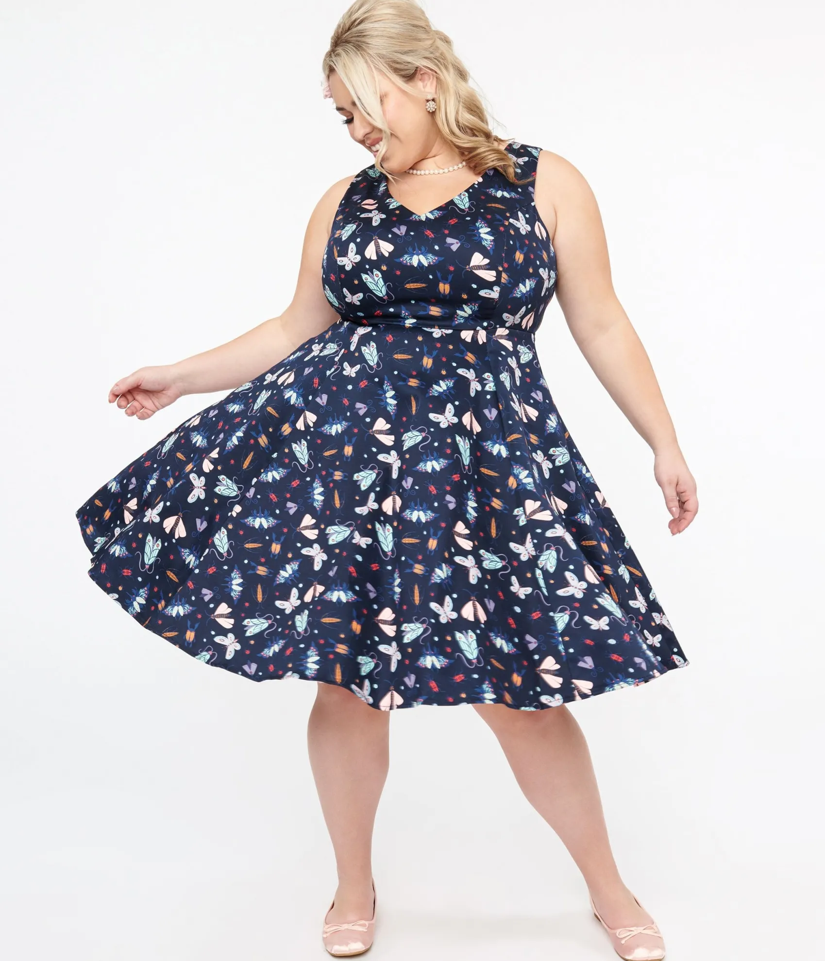 Unique Vintage Plus Size Navy & Multicolor Bug Cotton Swing Dress Outlet