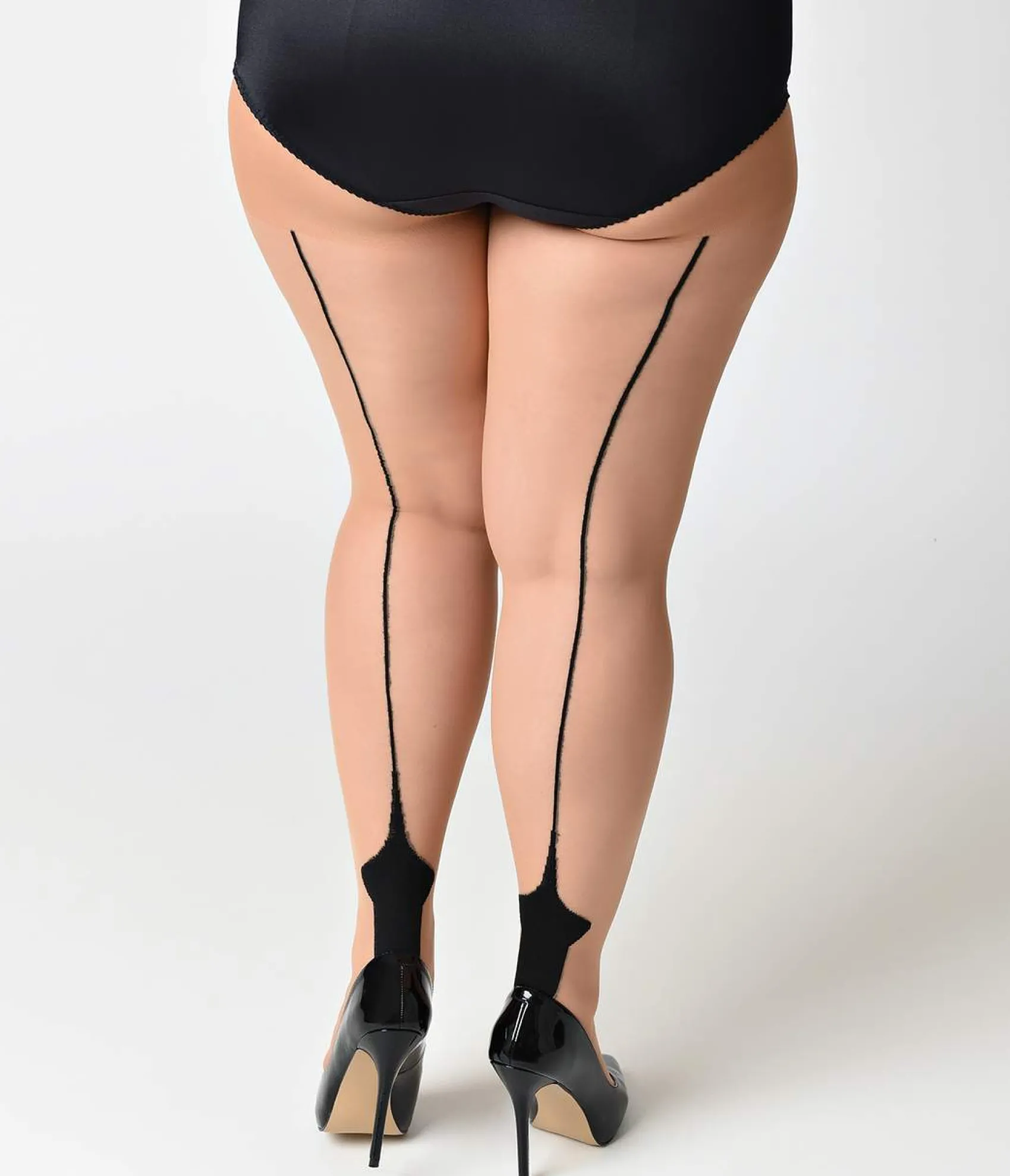 Unique Vintage Plus Size Nude & Black Sheer Cuban Heel Pantyhose Cheap