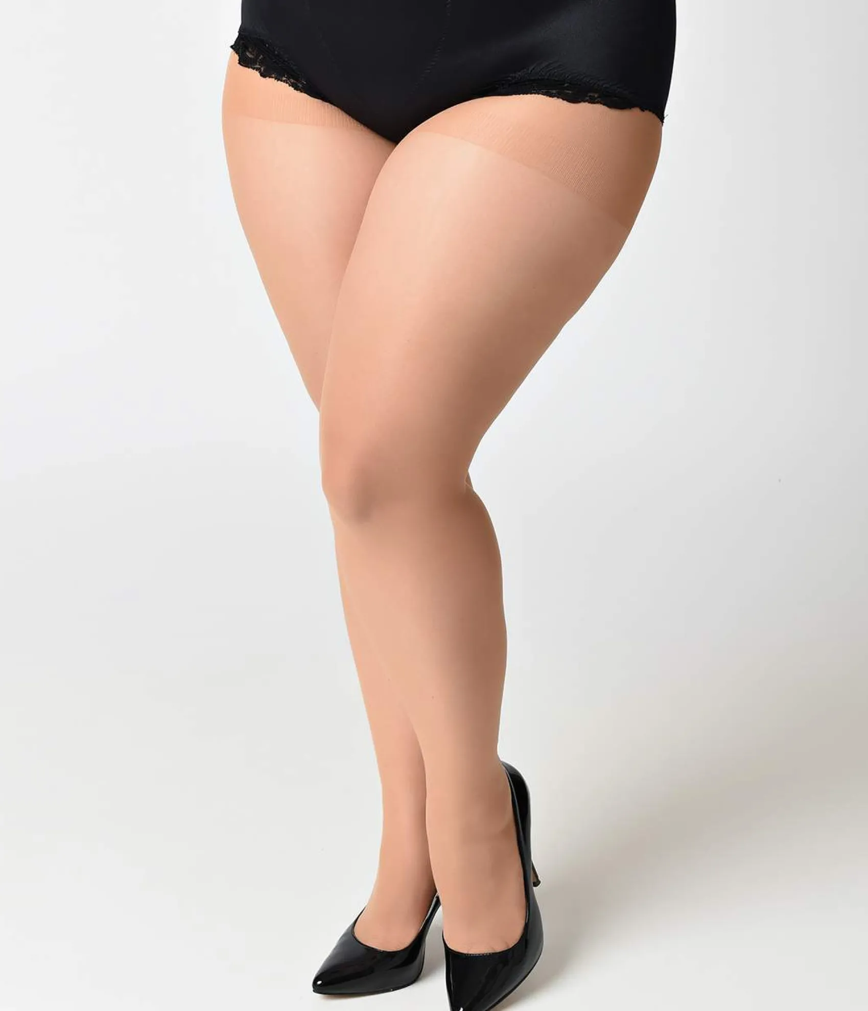 Unique Vintage Plus Size Nude & Black Sheer Cuban Heel Pantyhose Cheap