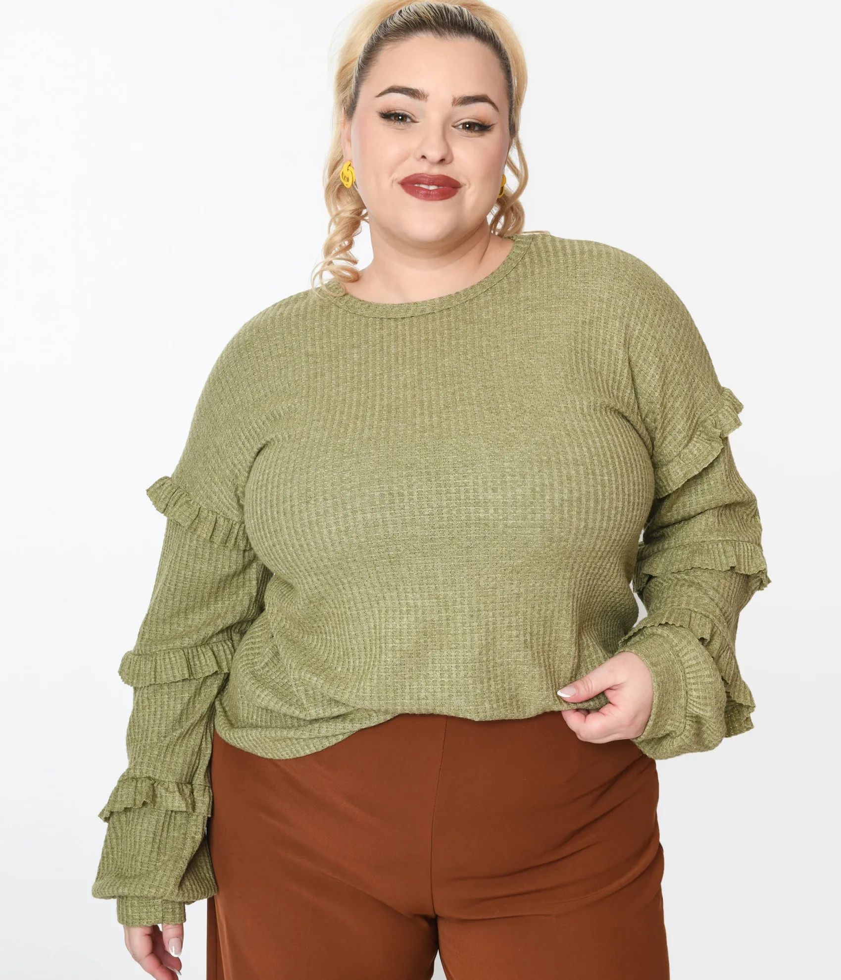Unique Vintage Plus Size Olive Green Ruffle Trim Ribbed Pullover Sweater Best