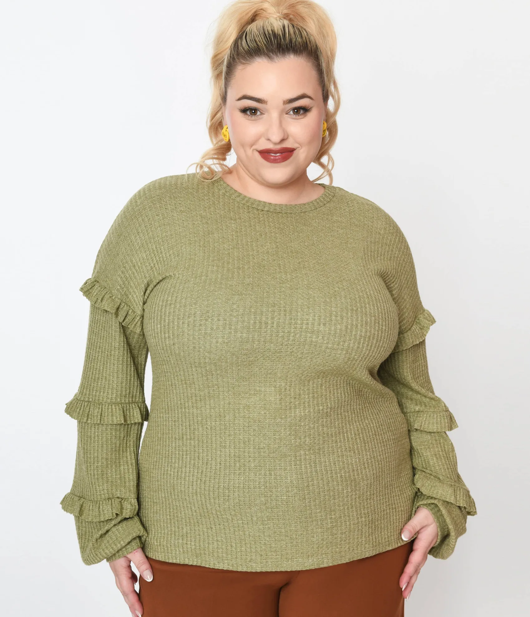 Unique Vintage Plus Size Olive Green Ruffle Trim Ribbed Pullover Sweater Best