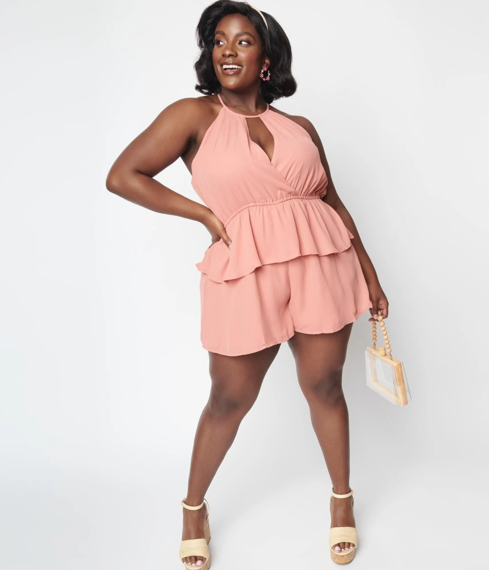 Unique Vintage Plus Size Pink Ruffle Romper Outlet