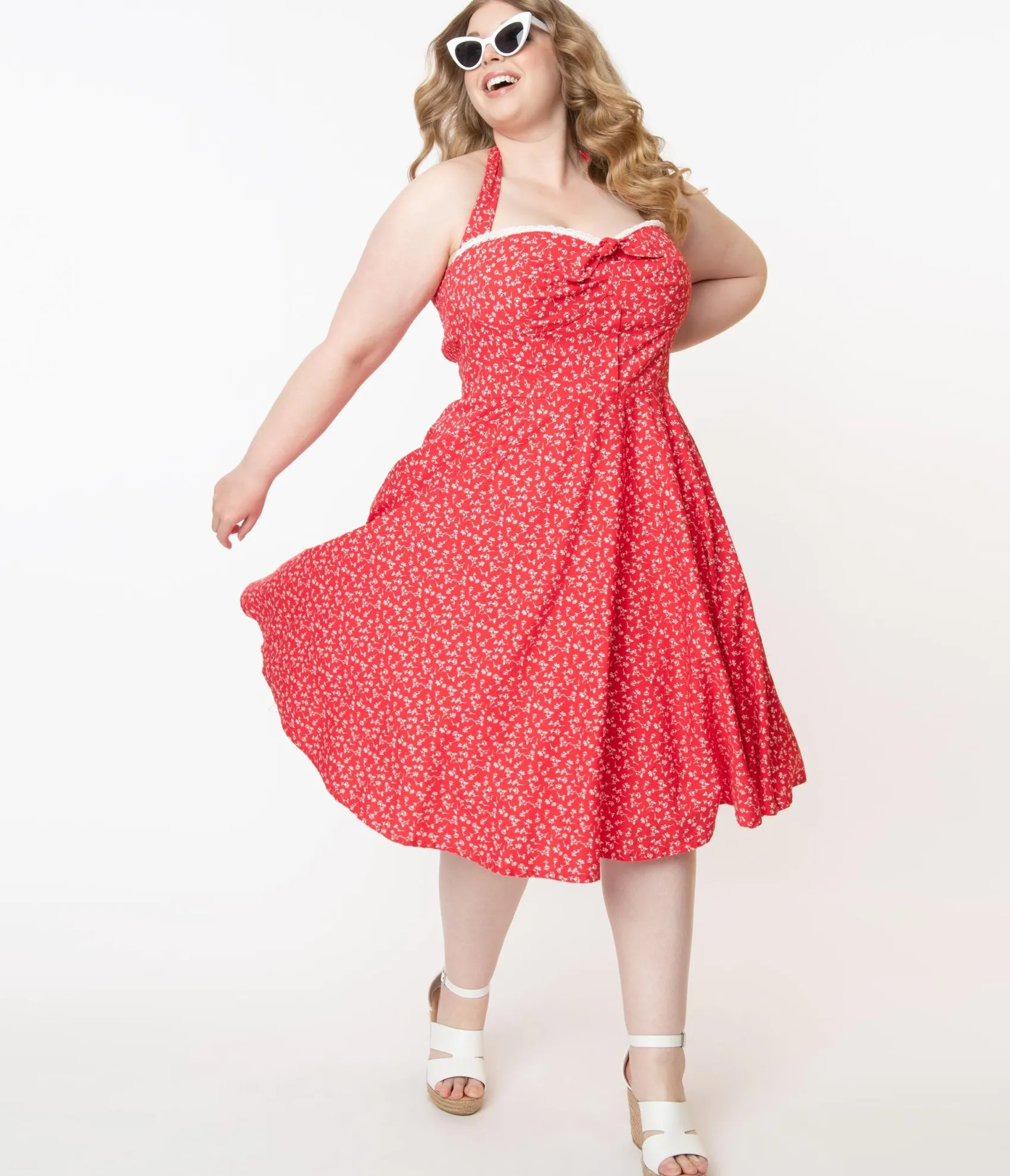 Unique Vintage Plus Size Retro Red & White Floral Halter Kimberly Swing Dress Clearance