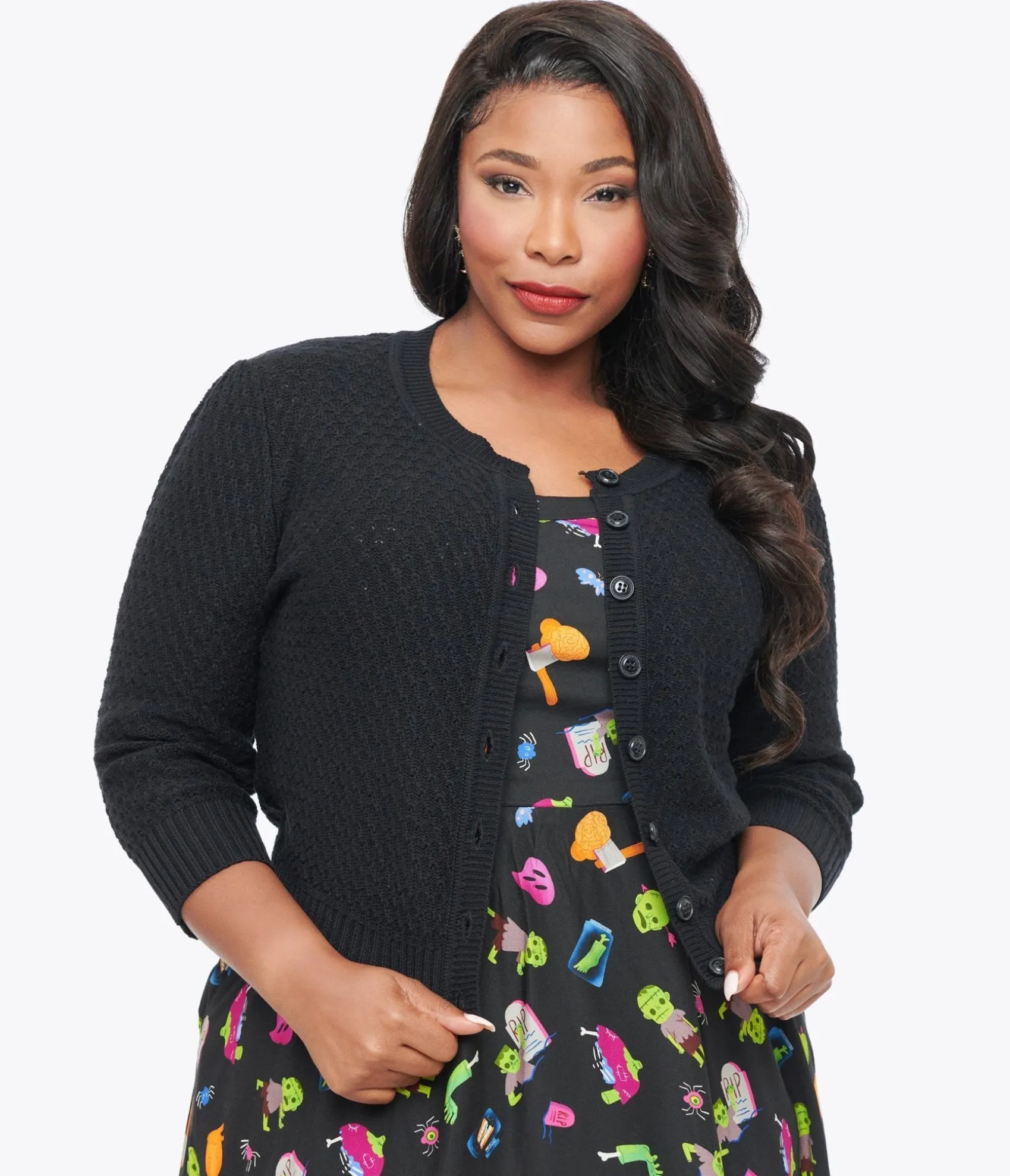 Unique Vintage Plus Size Retro Style Black Cotton Crochet Sleeved Button Cardigan Fashion