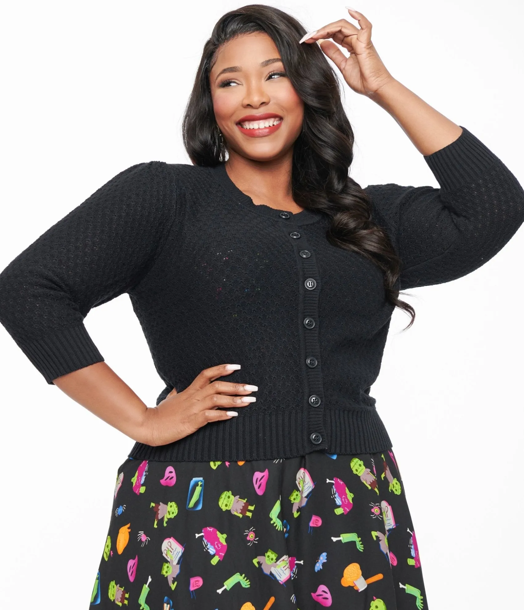 Unique Vintage Plus Size Retro Style Black Cotton Crochet Sleeved Button Cardigan Fashion