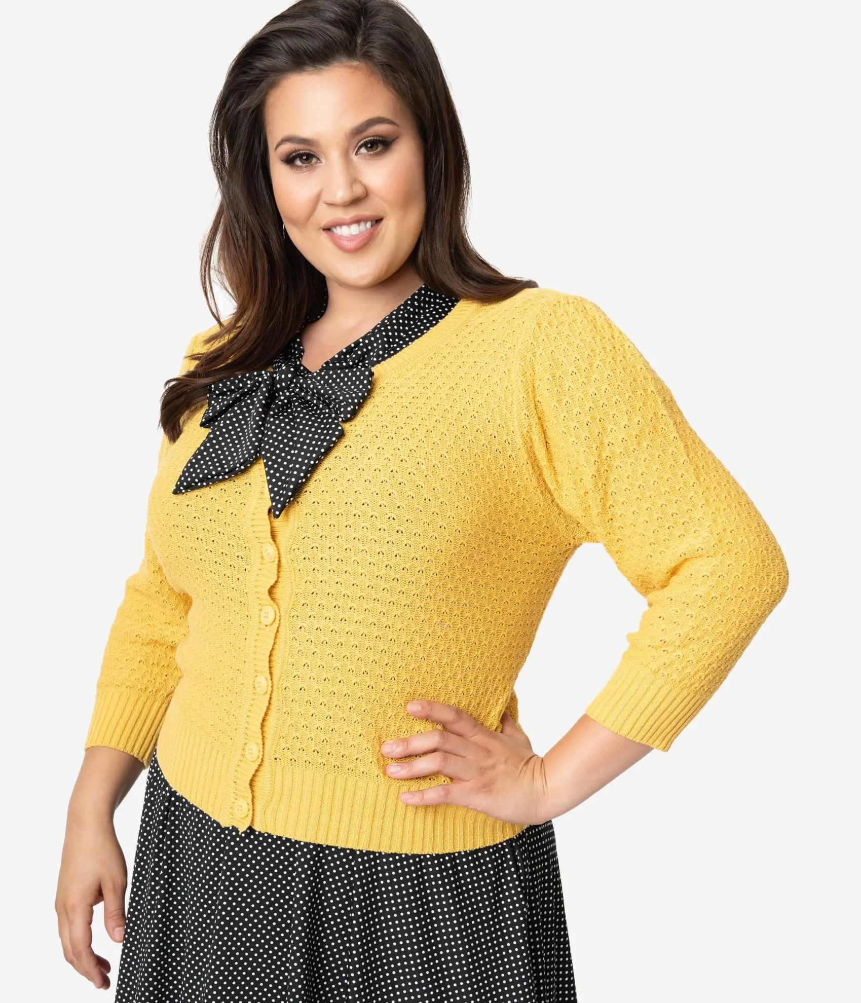 Unique Vintage Plus Size Retro Style Honey Yellow Cotton Crochet Sleeved Button Cardigan Cheap