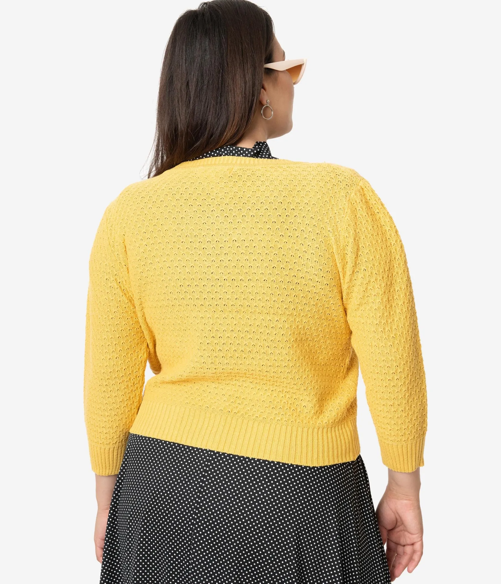 Unique Vintage Plus Size Retro Style Honey Yellow Cotton Crochet Sleeved Button Cardigan Cheap
