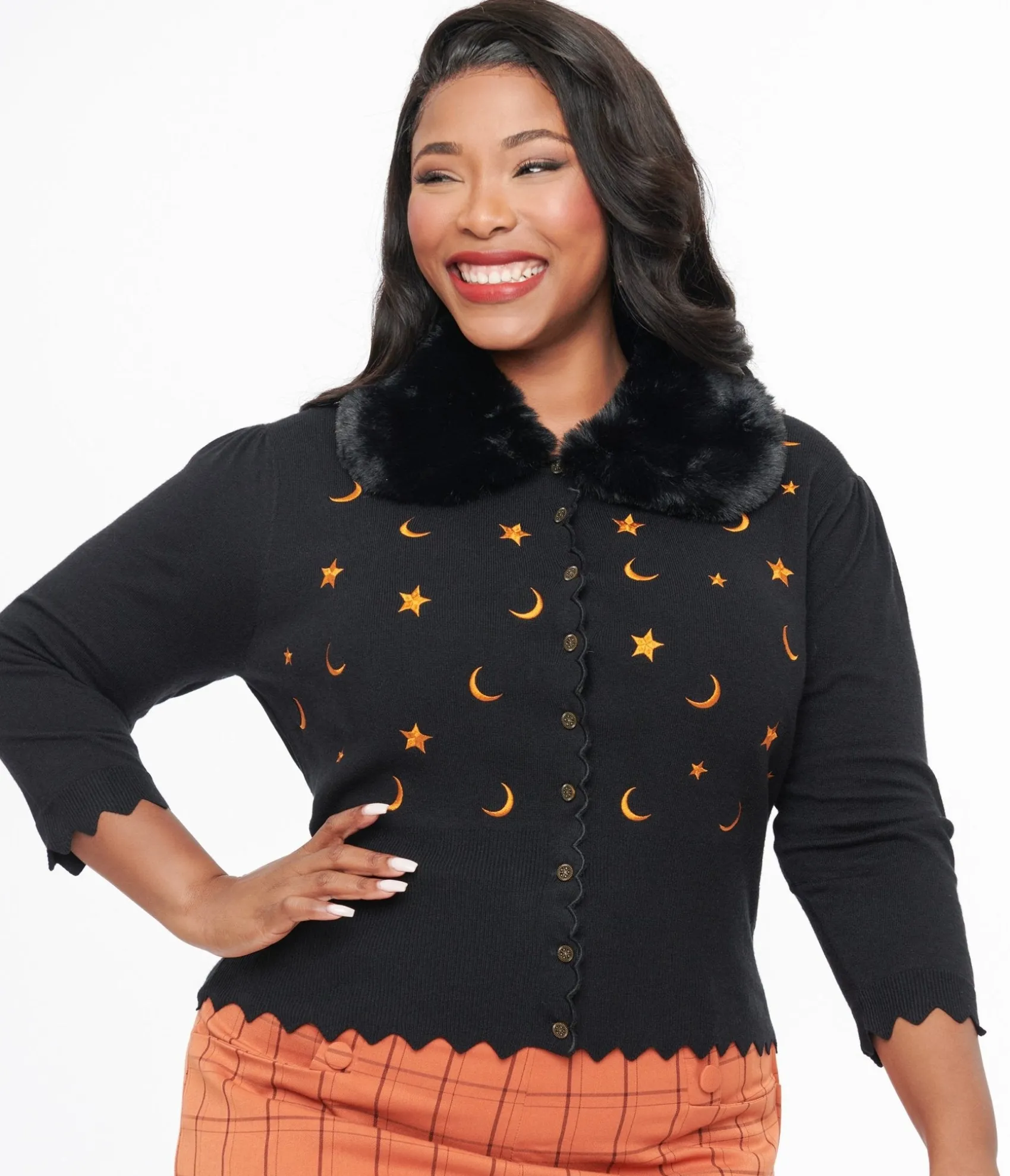 Unique Vintage Plus Size 1950s Black & Orange Half Moon Cardigan New