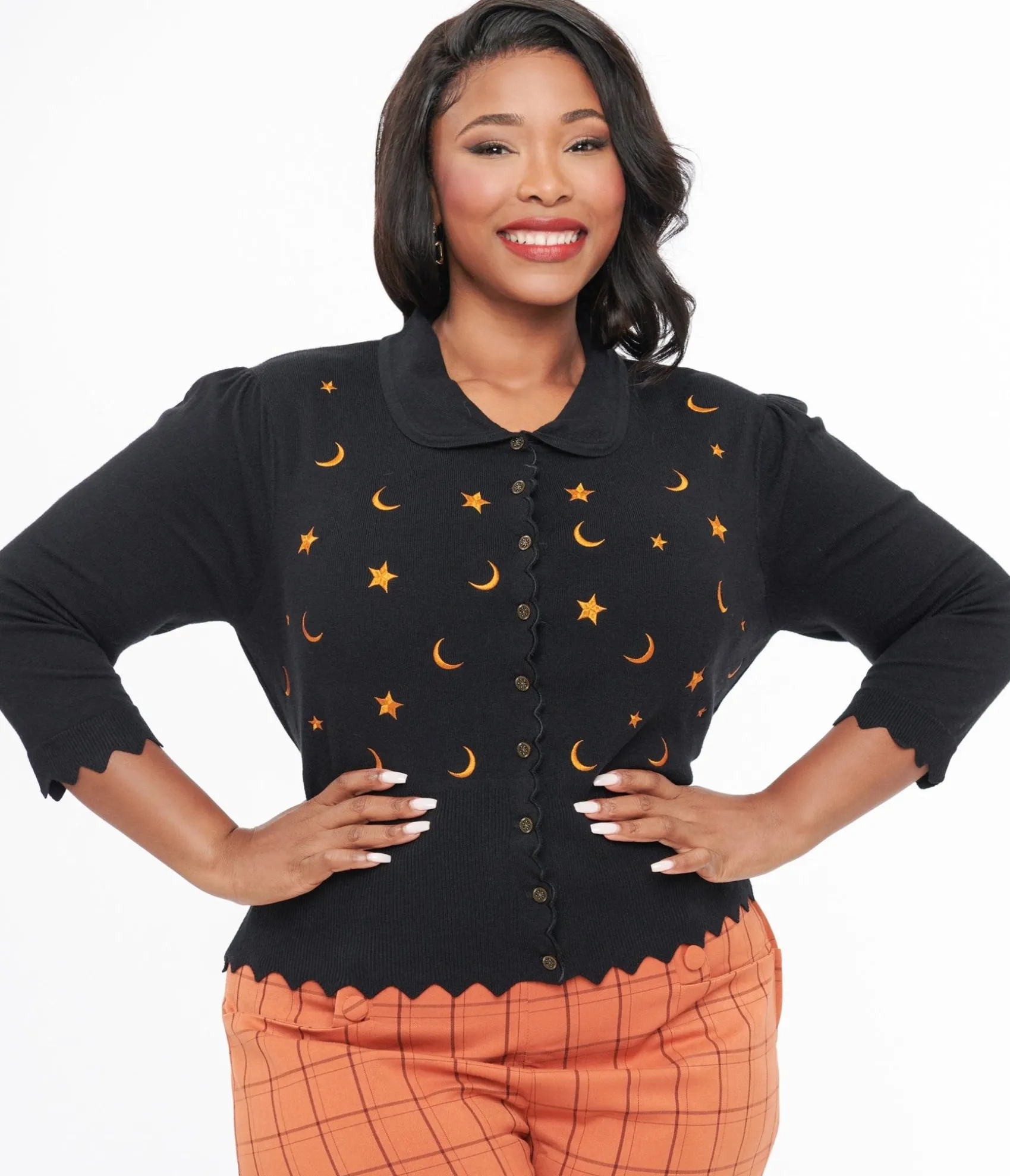 Unique Vintage Plus Size 1950s Black & Orange Half Moon Cardigan New