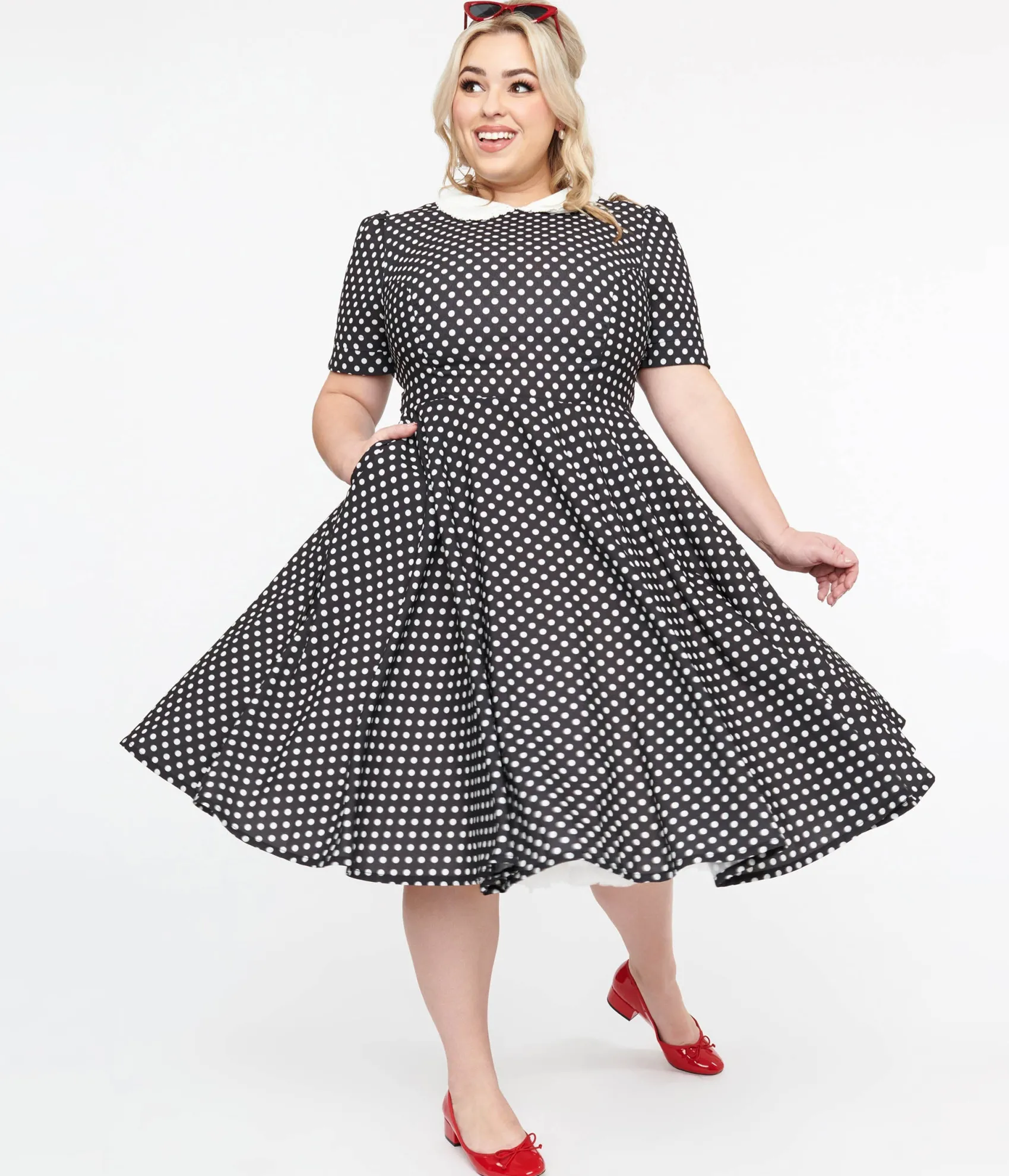Unique Vintage Plus Size 1950s Black & White Polka Dot Brielle Swing Dress New