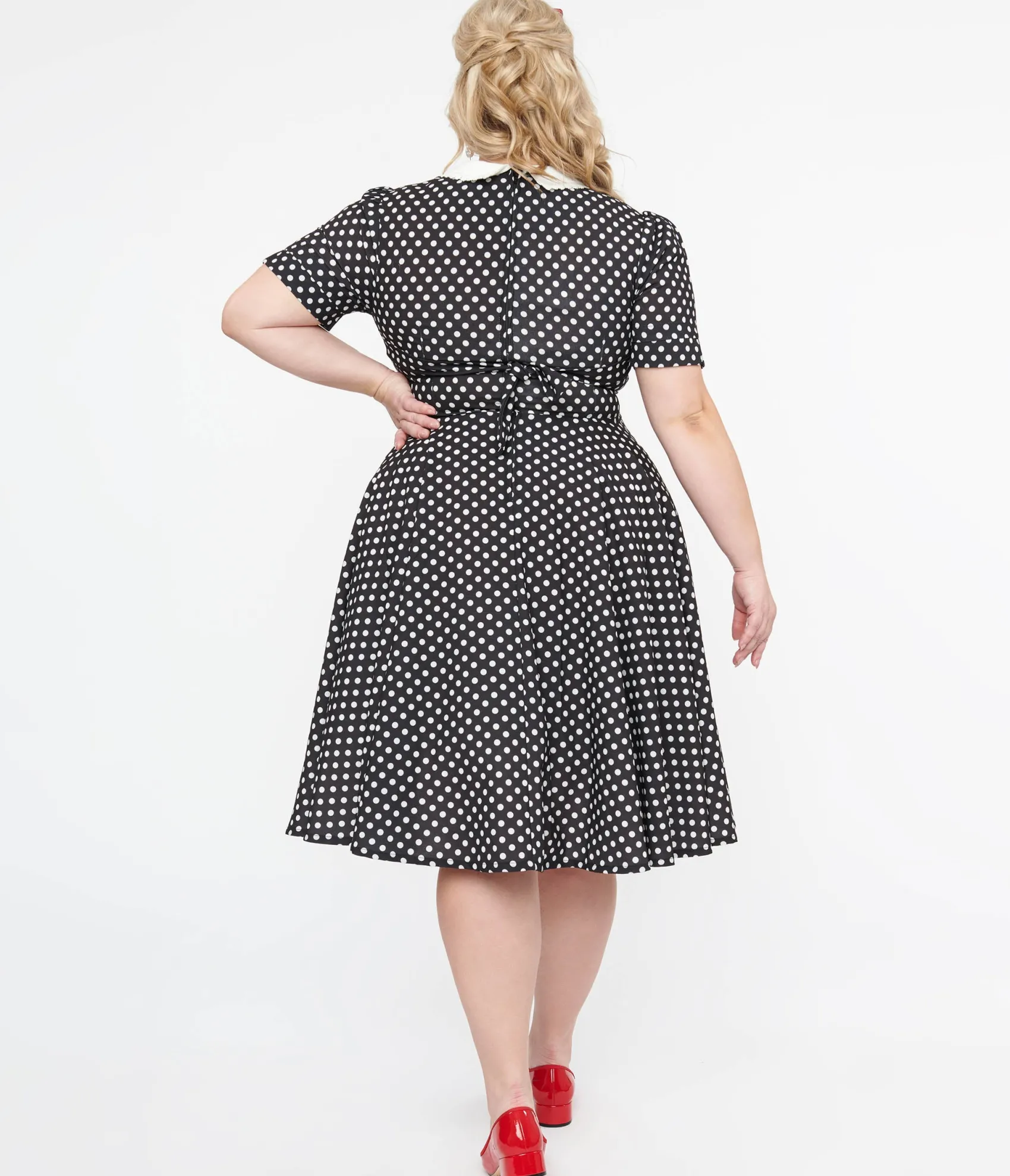 Unique Vintage Plus Size 1950s Black & White Polka Dot Brielle Swing Dress New